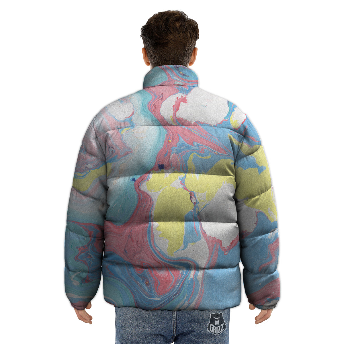 Abstract Pastel Texture Marble Print Puffer Jacket-grizzshop