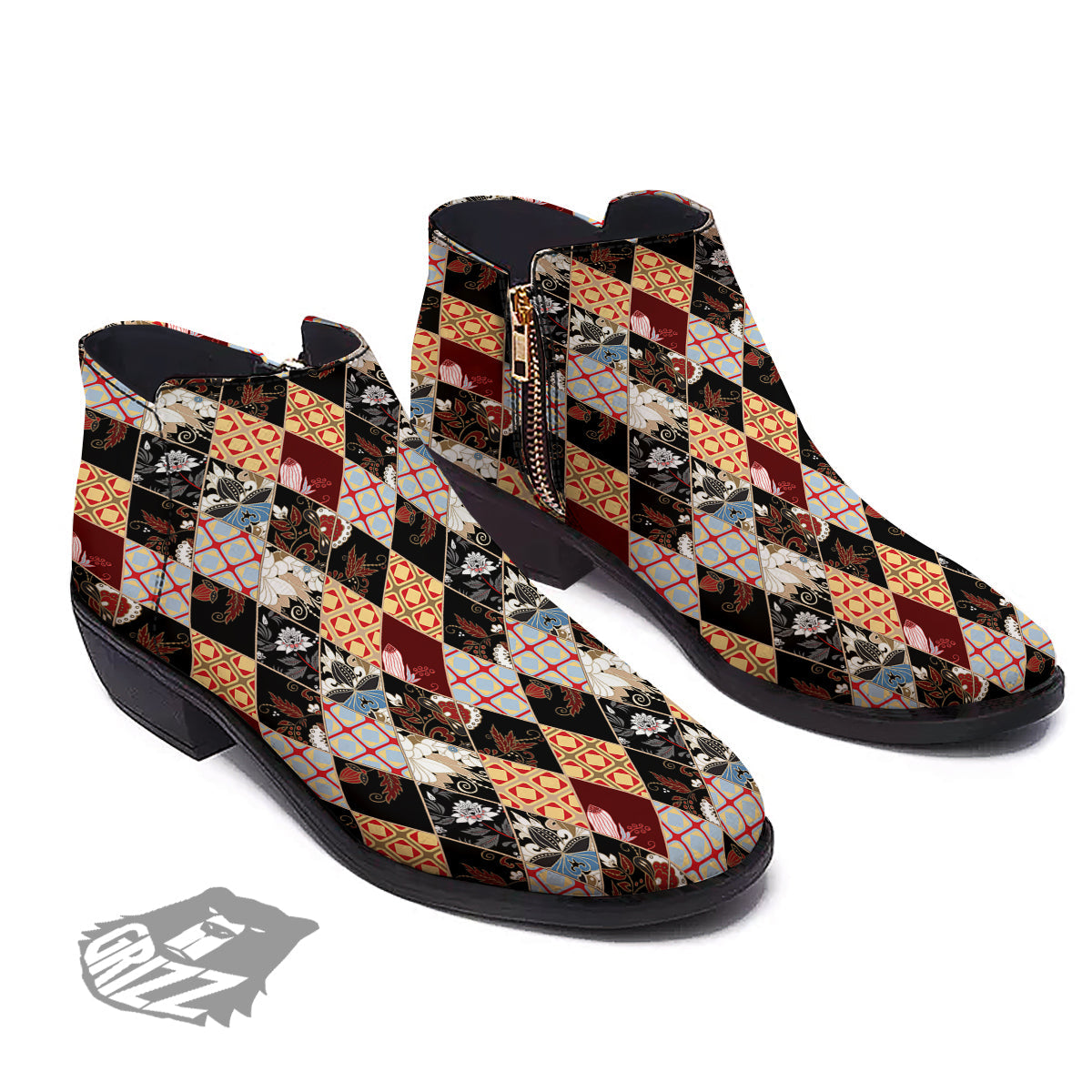 Abstract Patchwork Floral Print Pattern Ankle Boots-grizzshop