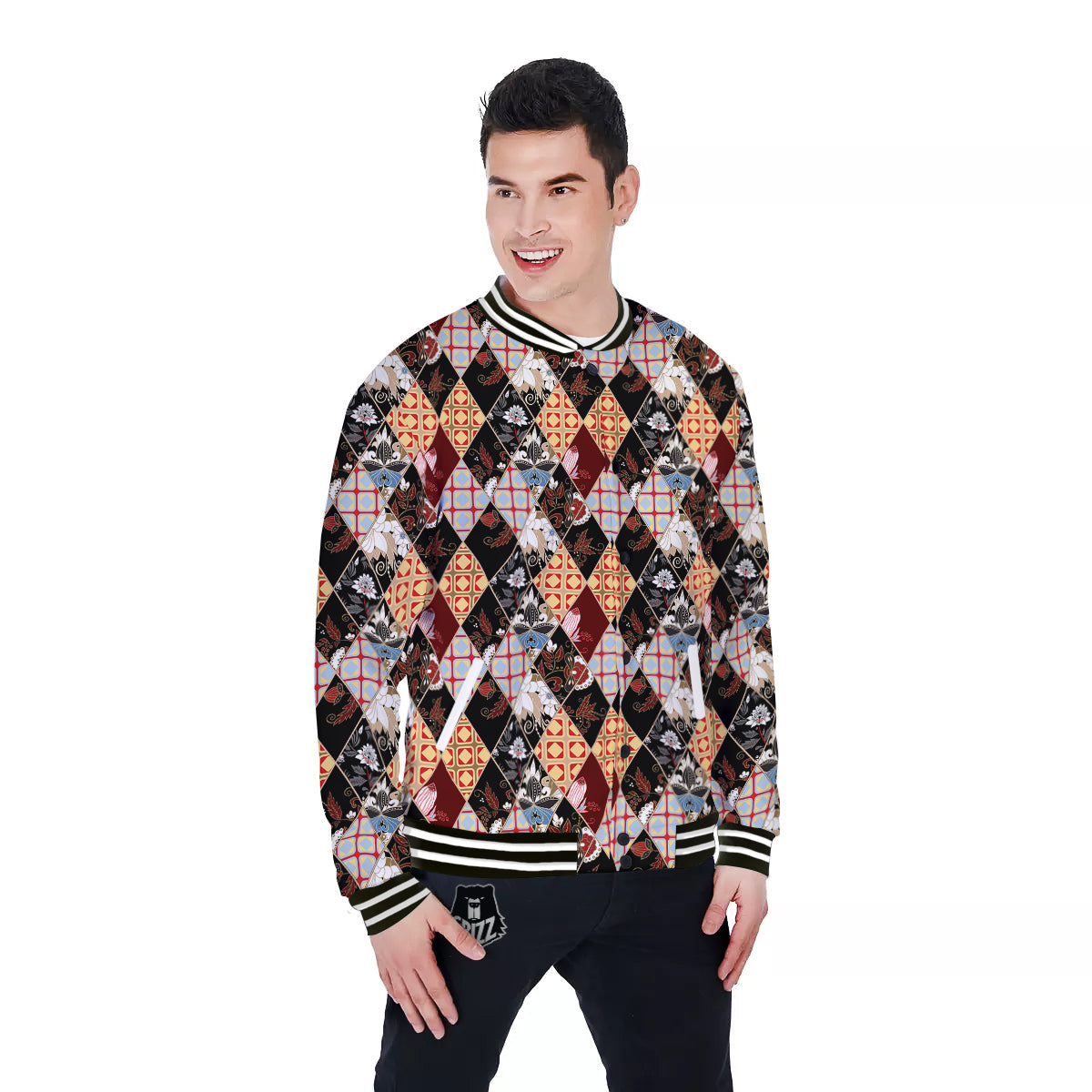 Abstract Patchwork Floral Print Pattern Baseball Jacket-grizzshop