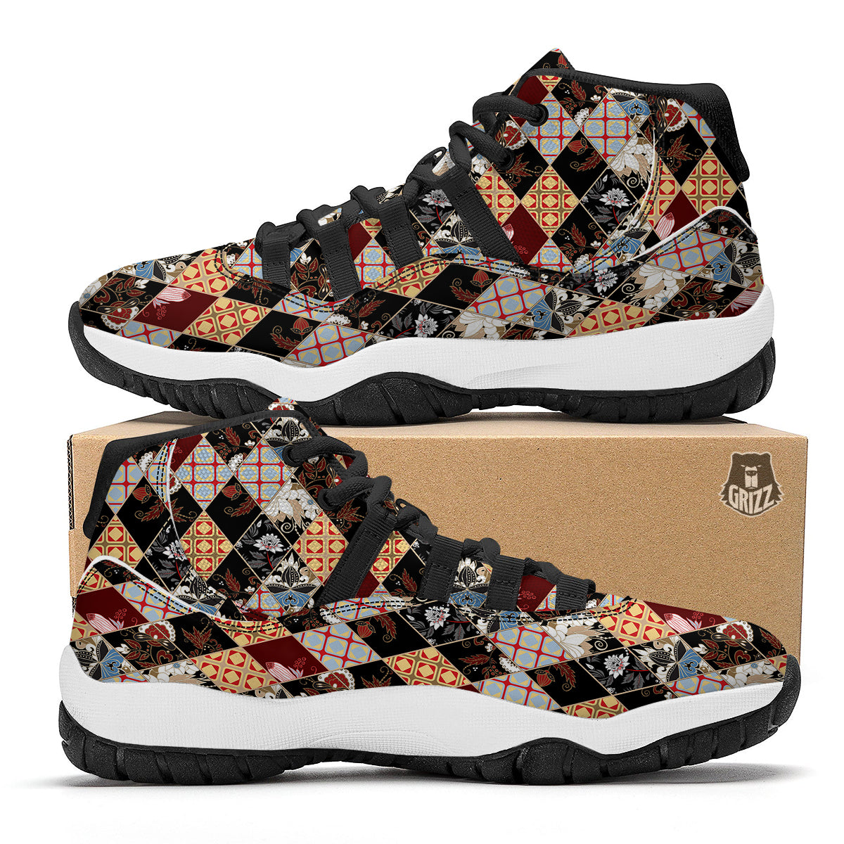 Abstract Patchwork Floral Print Pattern Black Bball Shoes-grizzshop
