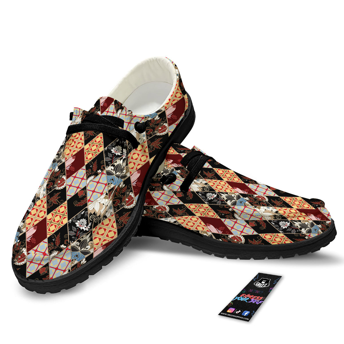 Abstract Patchwork Floral Print Pattern Black Loafers-grizzshop