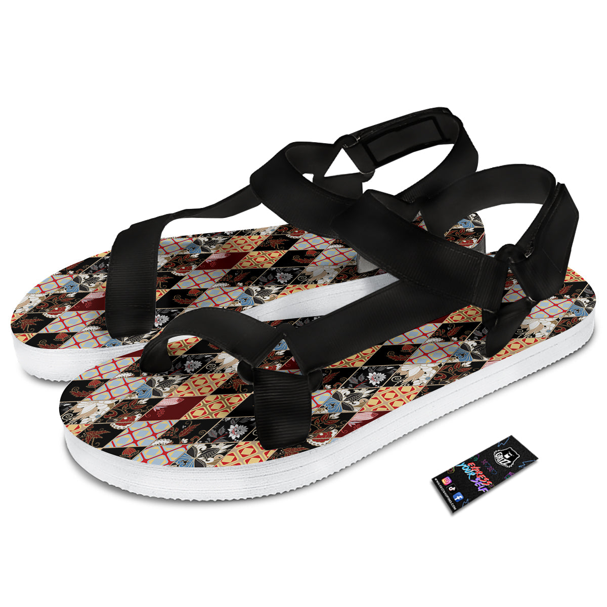 Abstract Patchwork Floral Print Pattern Black Open Toe Sandals-grizzshop