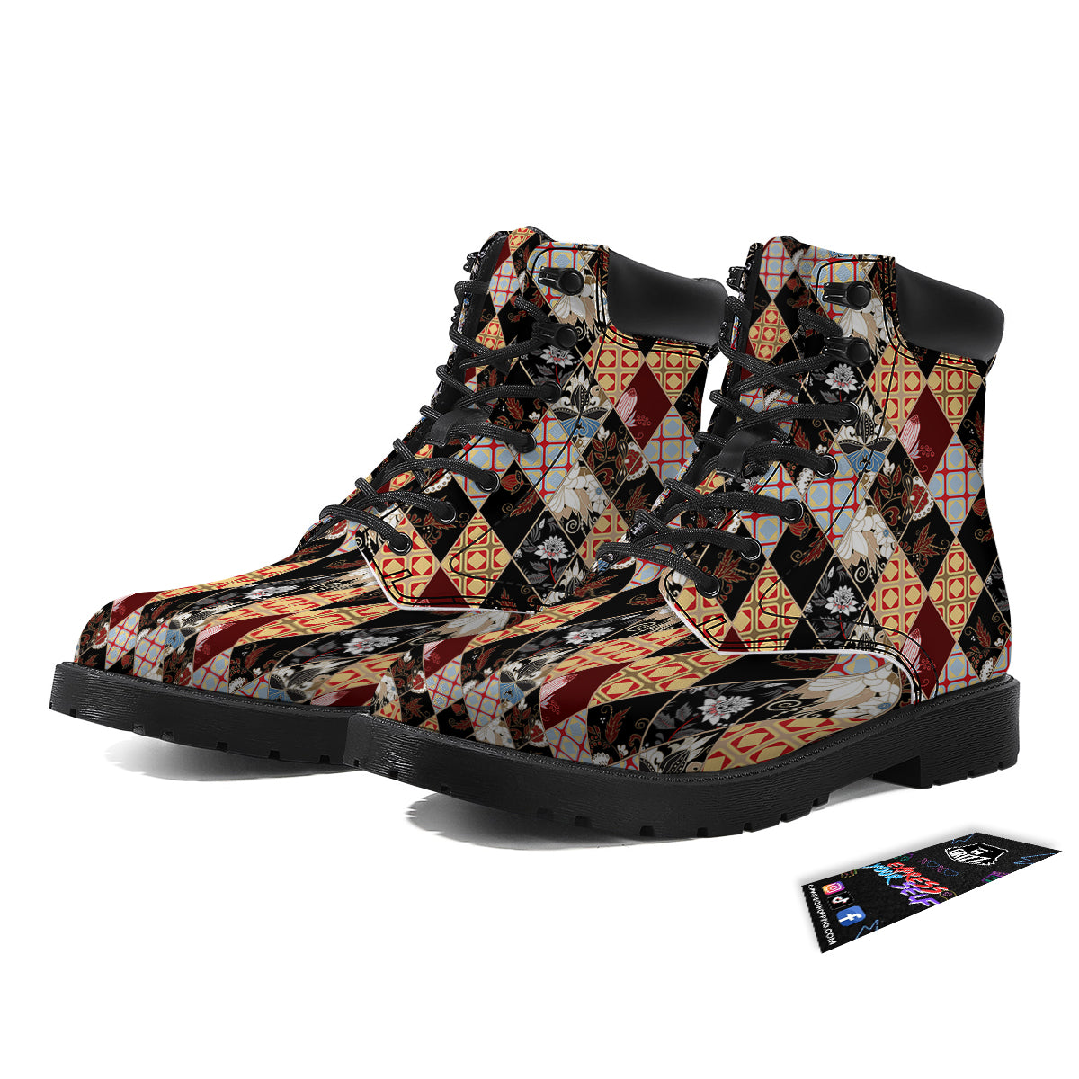Abstract Patchwork Floral Print Pattern Boots-grizzshop