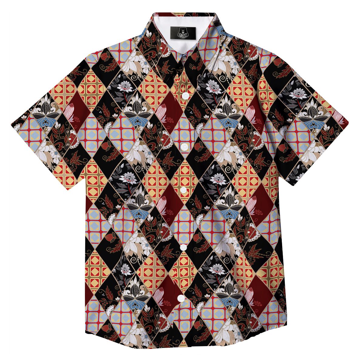 Abstract Patchwork Floral Print Pattern Button Up Shirt-grizzshop