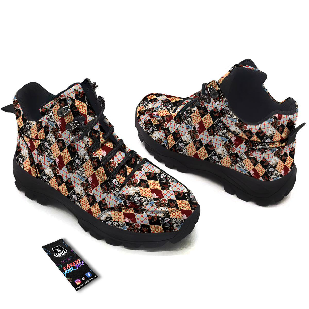 Abstract Patchwork Floral Print Pattern Hiking Shoes-grizzshop