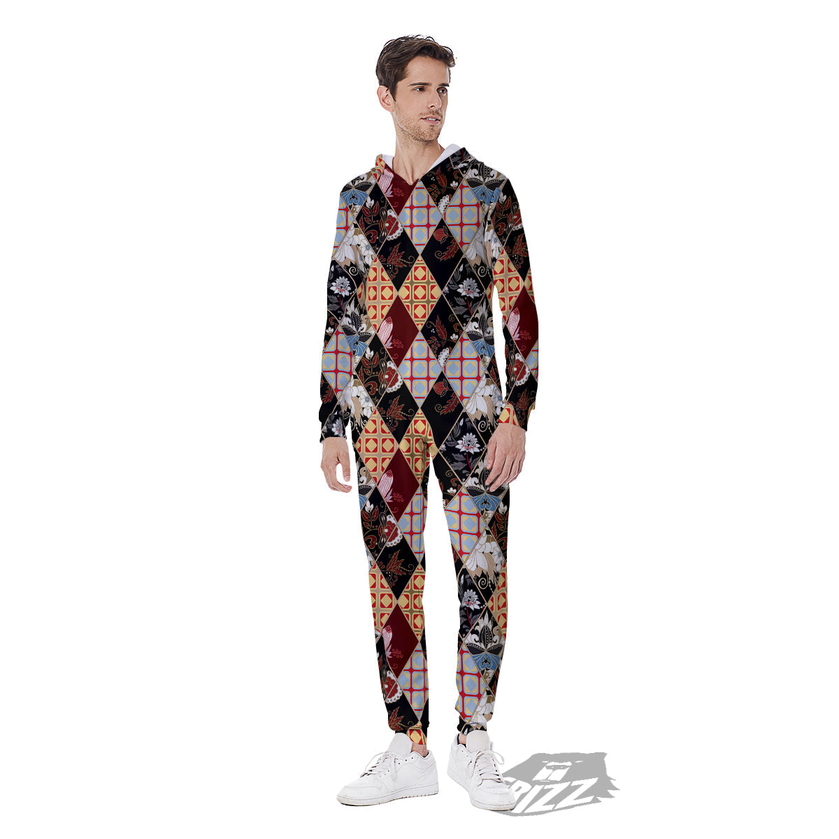 Abstract Patchwork Floral Print Pattern Men's Jumpsuit-grizzshop
