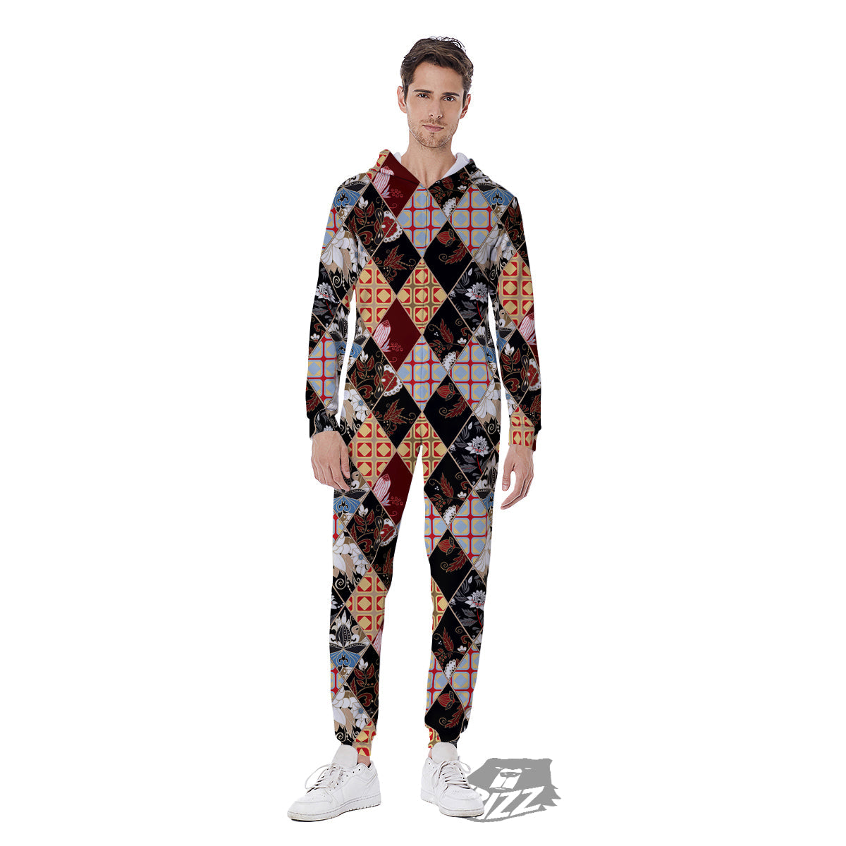 Abstract Patchwork Floral Print Pattern Men's Jumpsuit-grizzshop