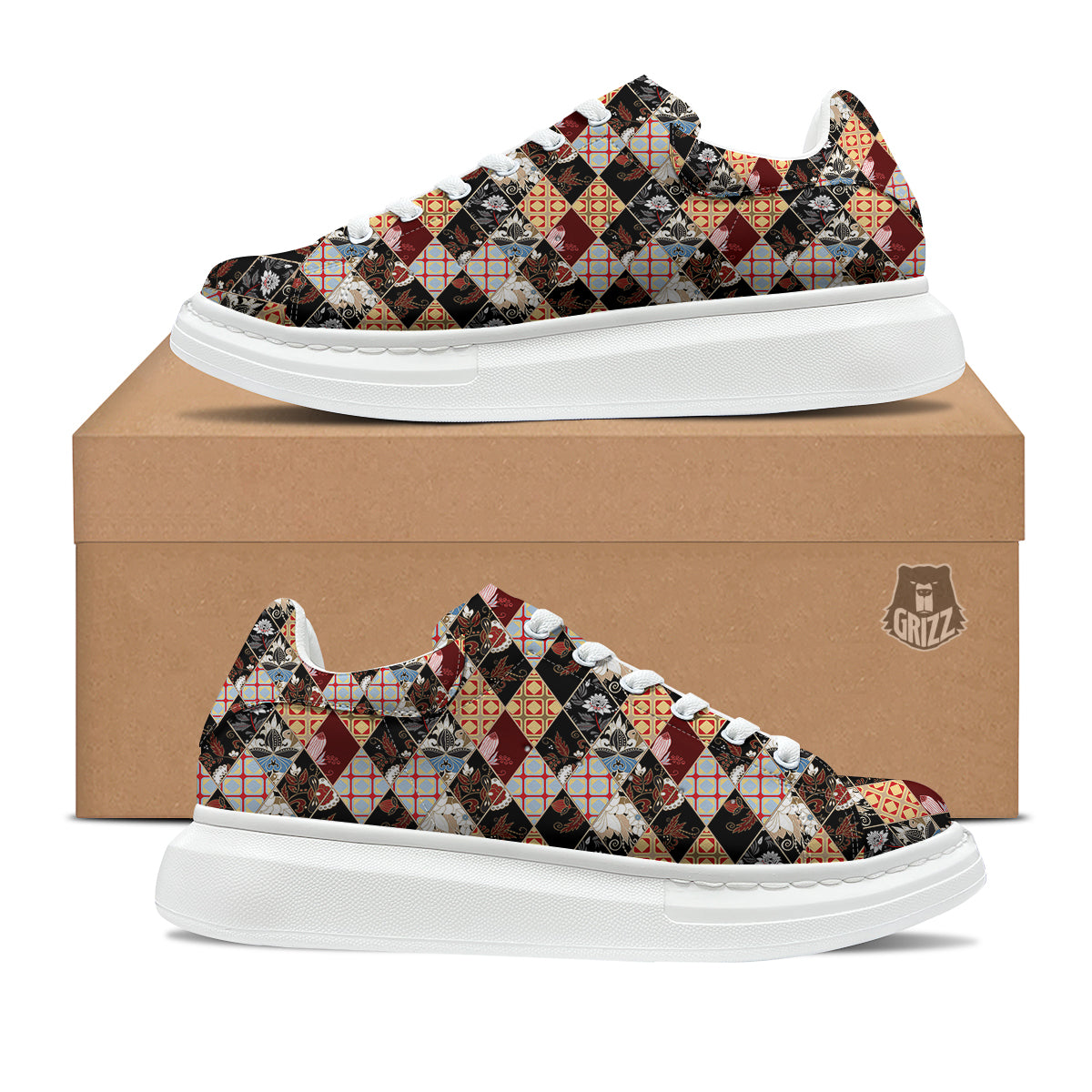 Abstract Patchwork Floral Print Pattern Platform Shoes-grizzshop