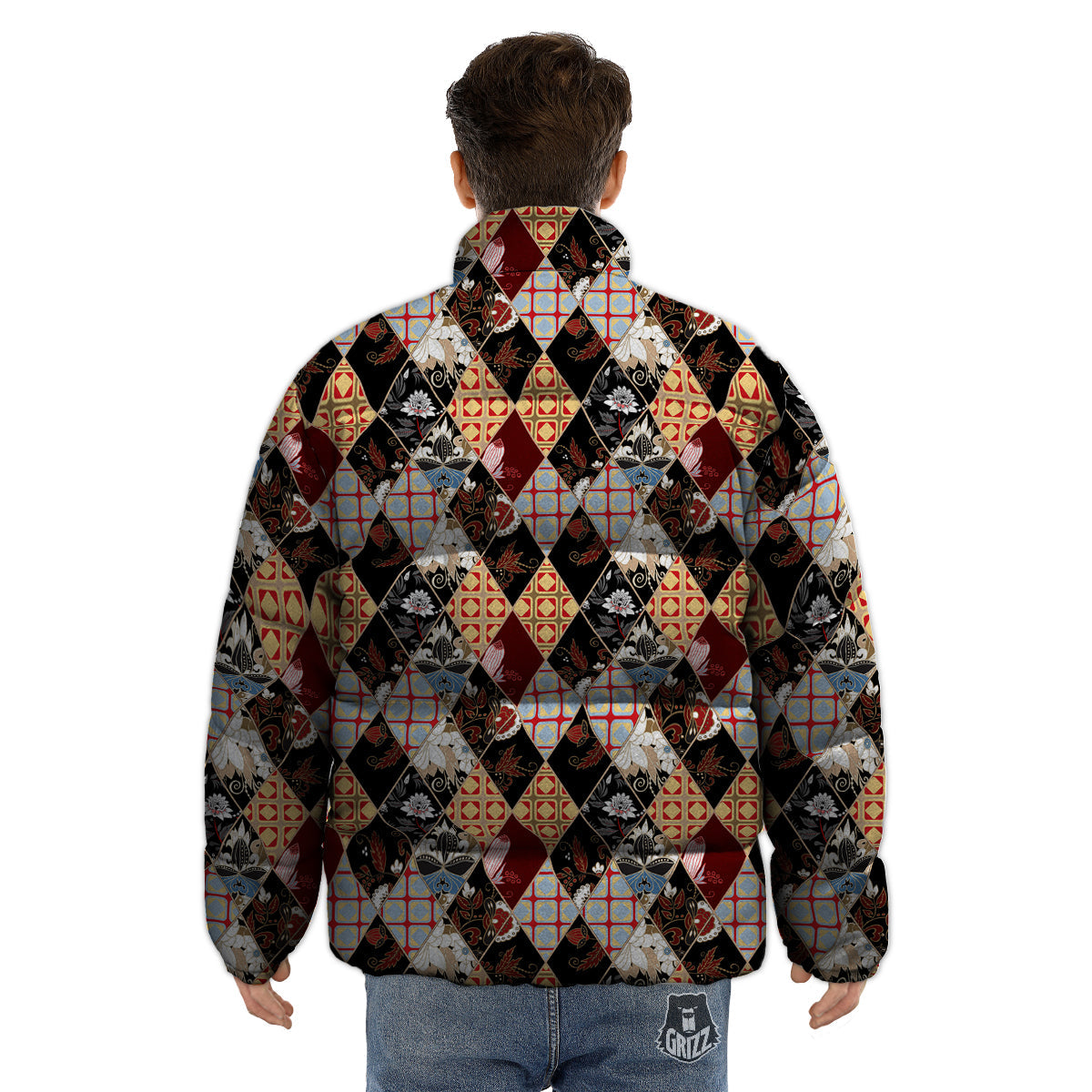 Abstract Patchwork Floral Print Pattern Puffer Jacket-grizzshop