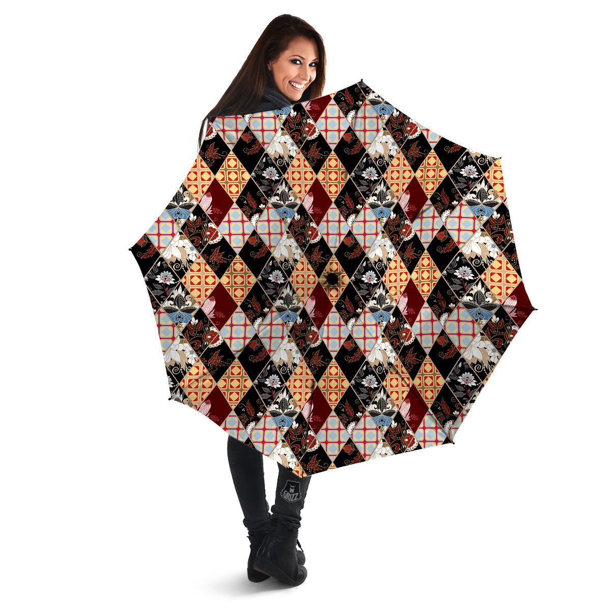 Abstract Patchwork Floral Print Pattern Umbrella-grizzshop