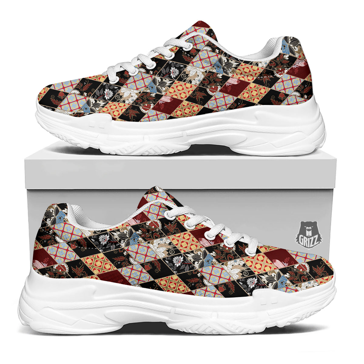 Abstract Patchwork Floral Print Pattern White Chunky Shoes-grizzshop