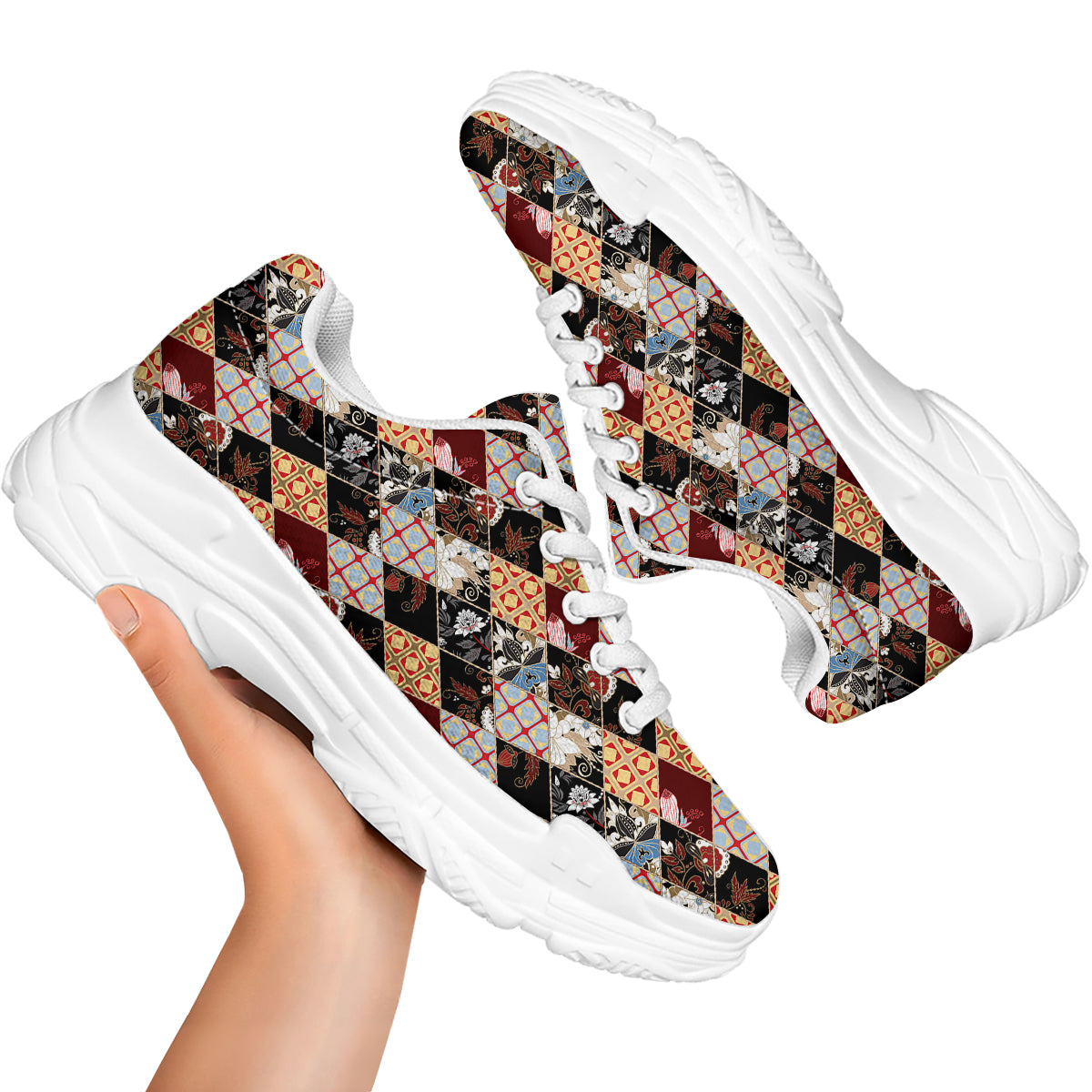 Abstract Patchwork Floral Print Pattern White Chunky Shoes-grizzshop