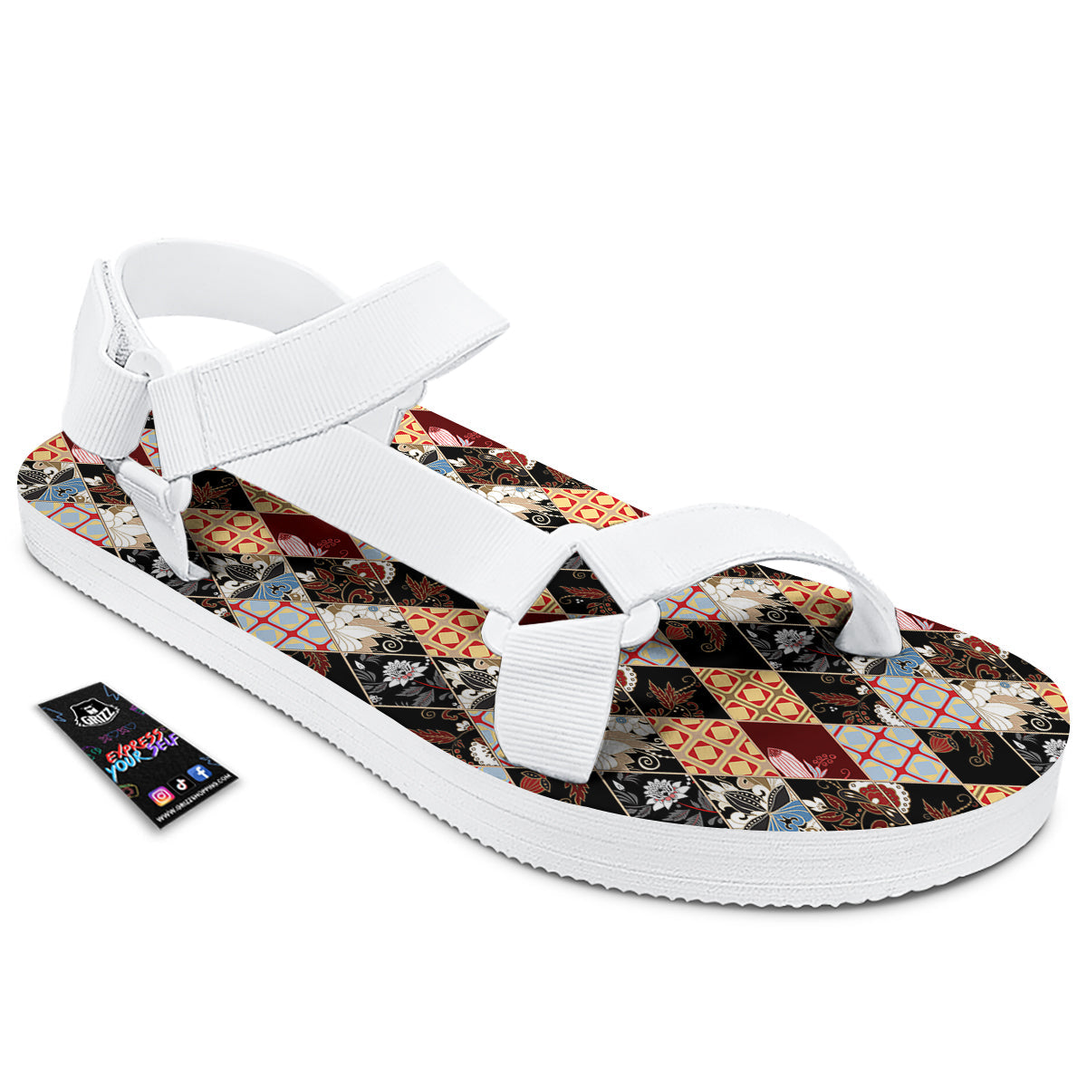 Abstract Patchwork Floral Print Pattern White Open Toe Sandals-grizzshop
