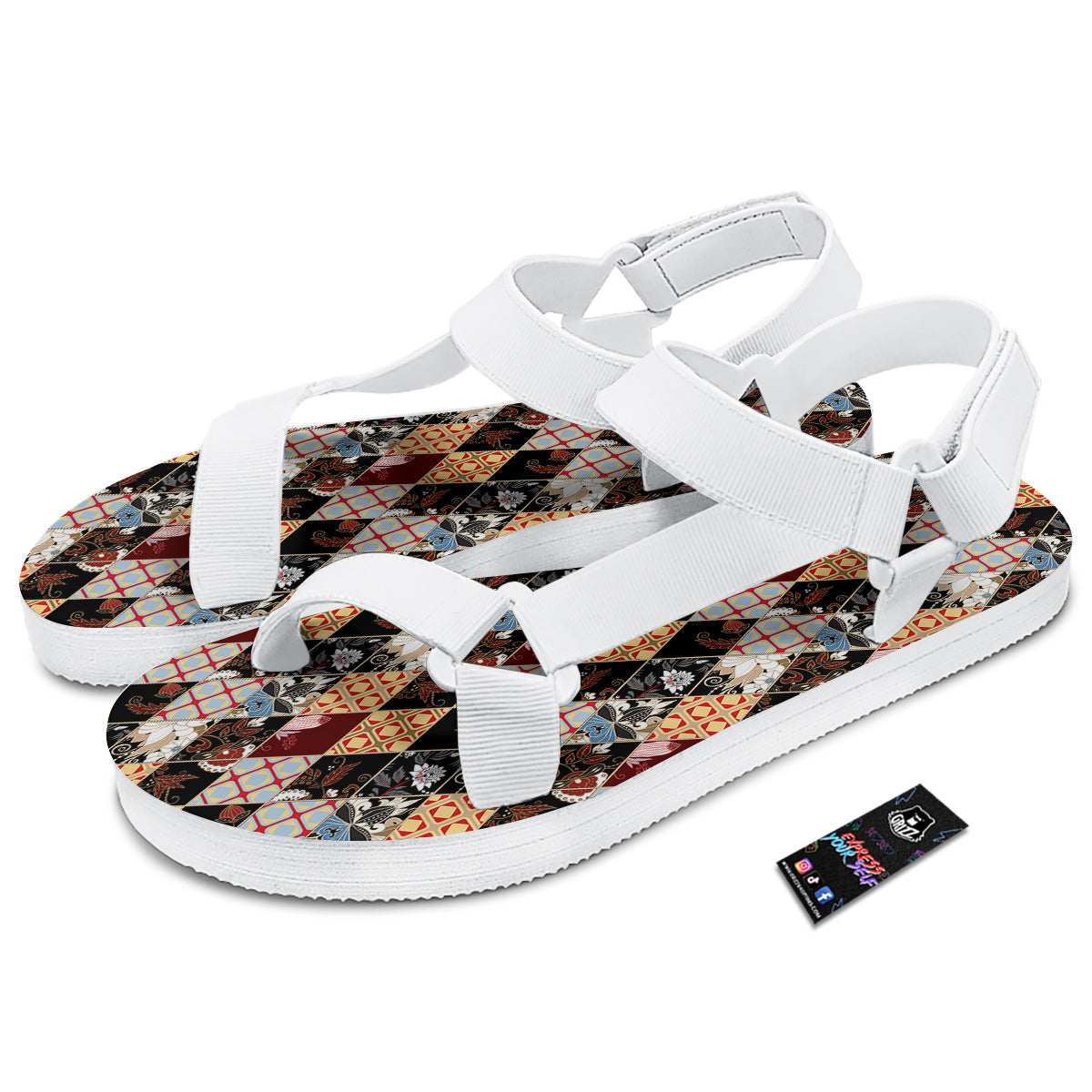 Abstract Patchwork Floral Print Pattern White Open Toe Sandals-grizzshop