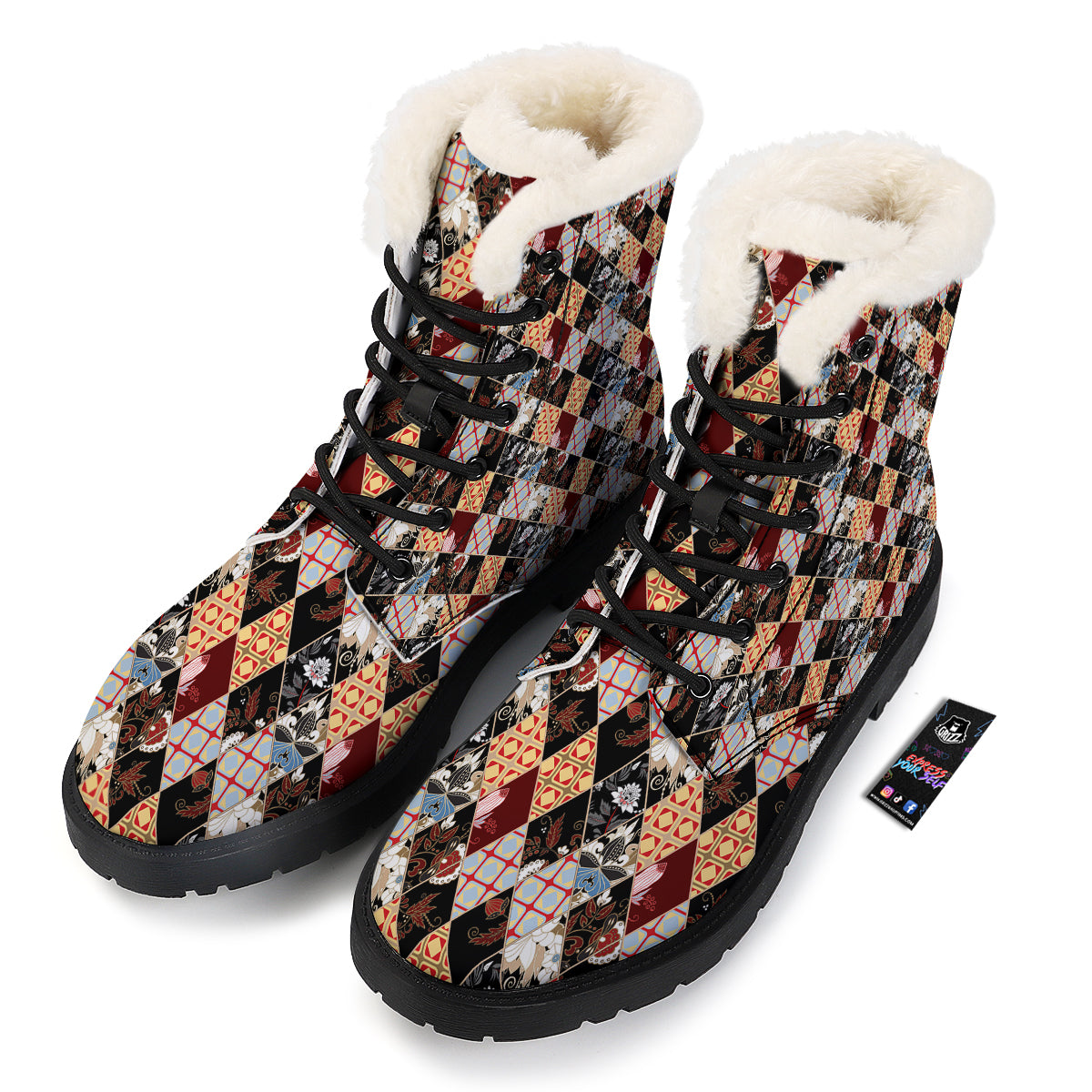 Abstract Patchwork Floral Print Pattern Winter Boots-grizzshop