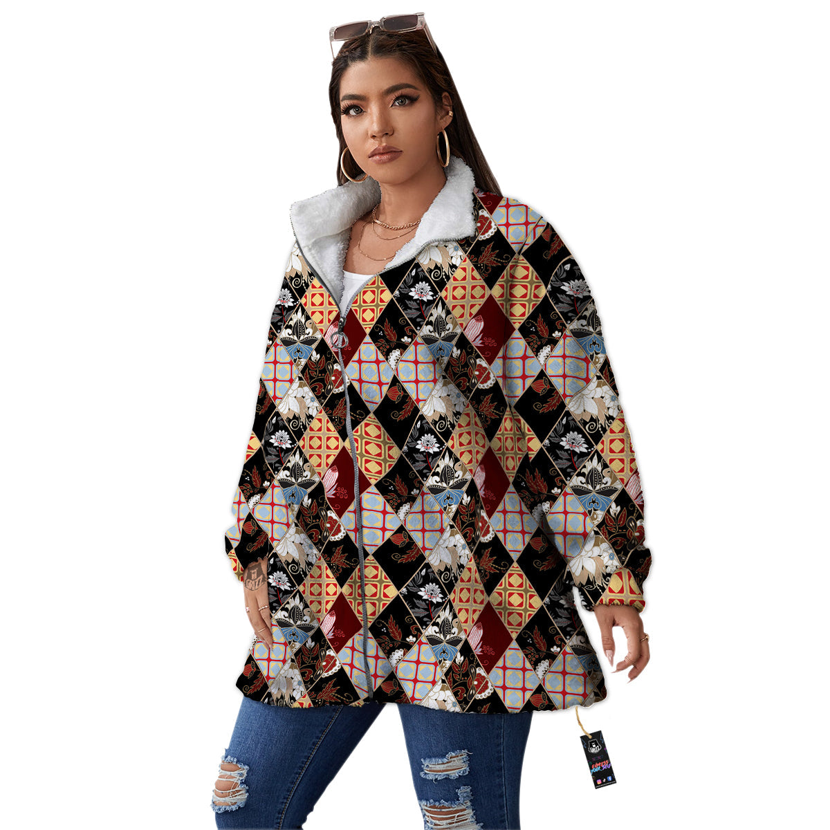 Abstract Patchwork Floral Print Pattern Women's Sherpa Jacket-grizzshop