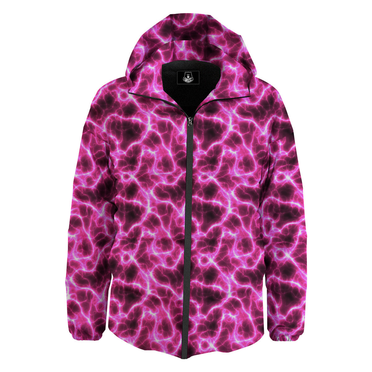 Abstract Pink Electrical Sparks Print Pattern Down Jacket-grizzshop