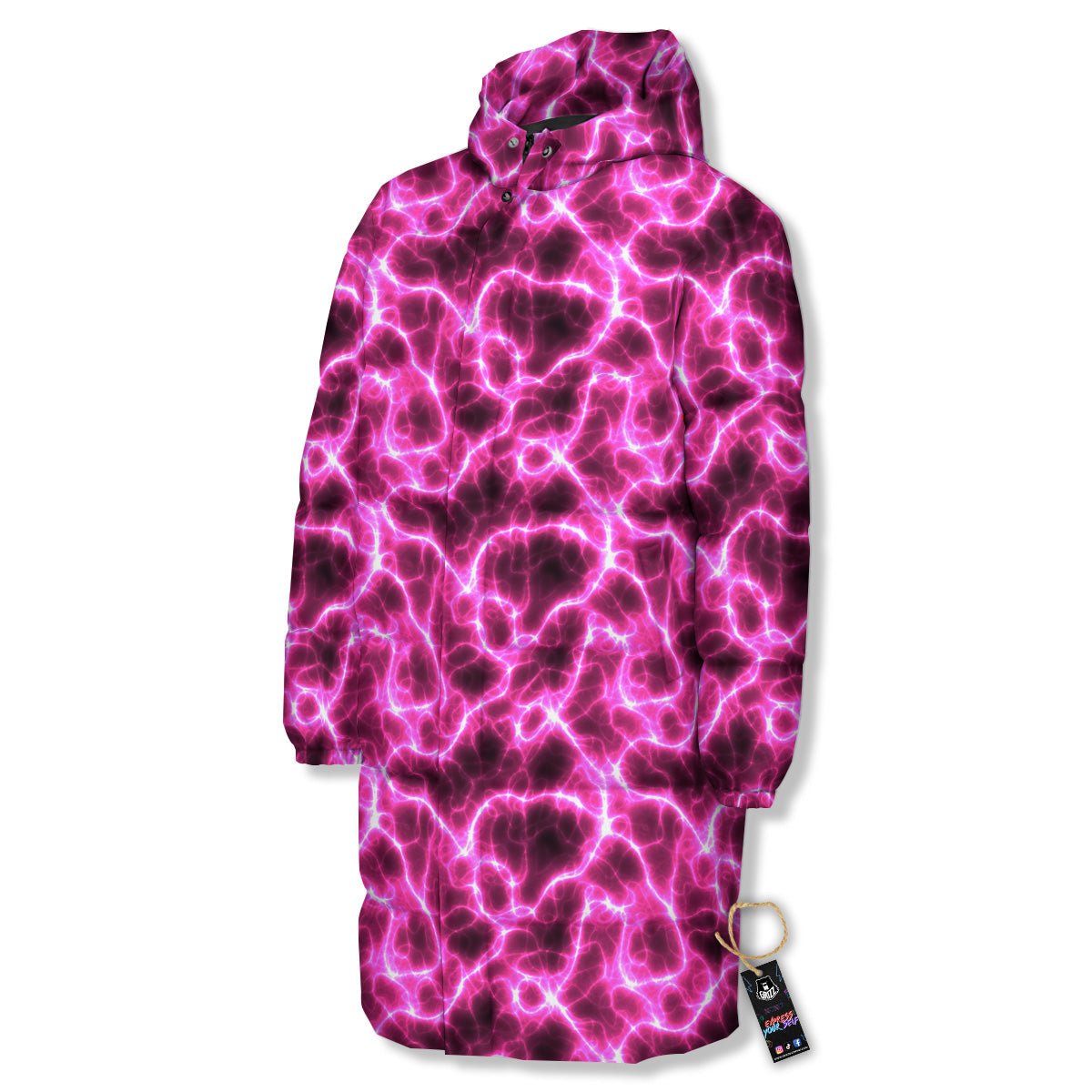Abstract Pink Electrical Sparks Print Pattern Long Down Jacket-grizzshop