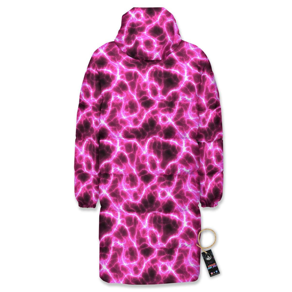 Abstract Pink Electrical Sparks Print Pattern Long Down Jacket-grizzshop