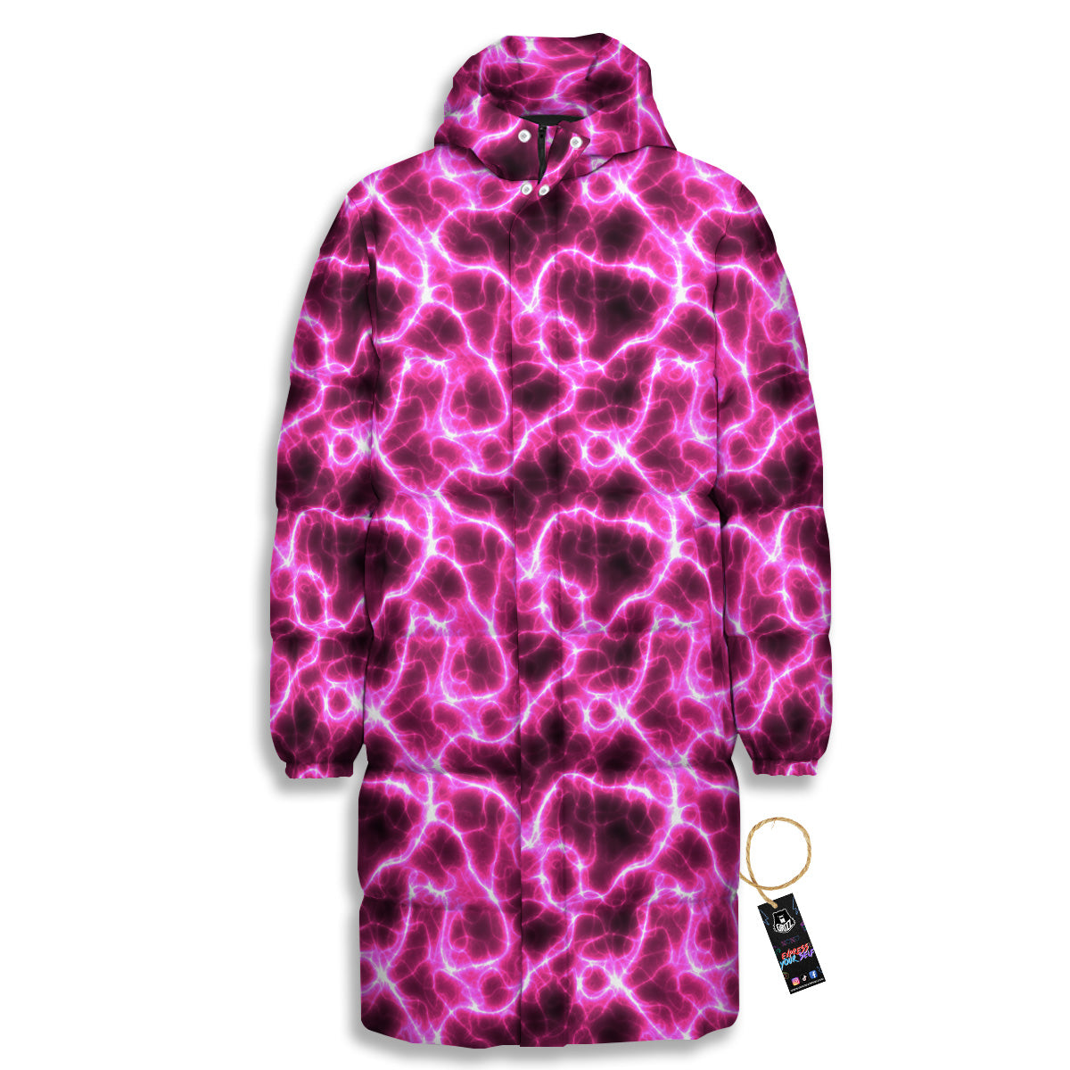 Abstract Pink Electrical Sparks Print Pattern Long Down Jacket-grizzshop