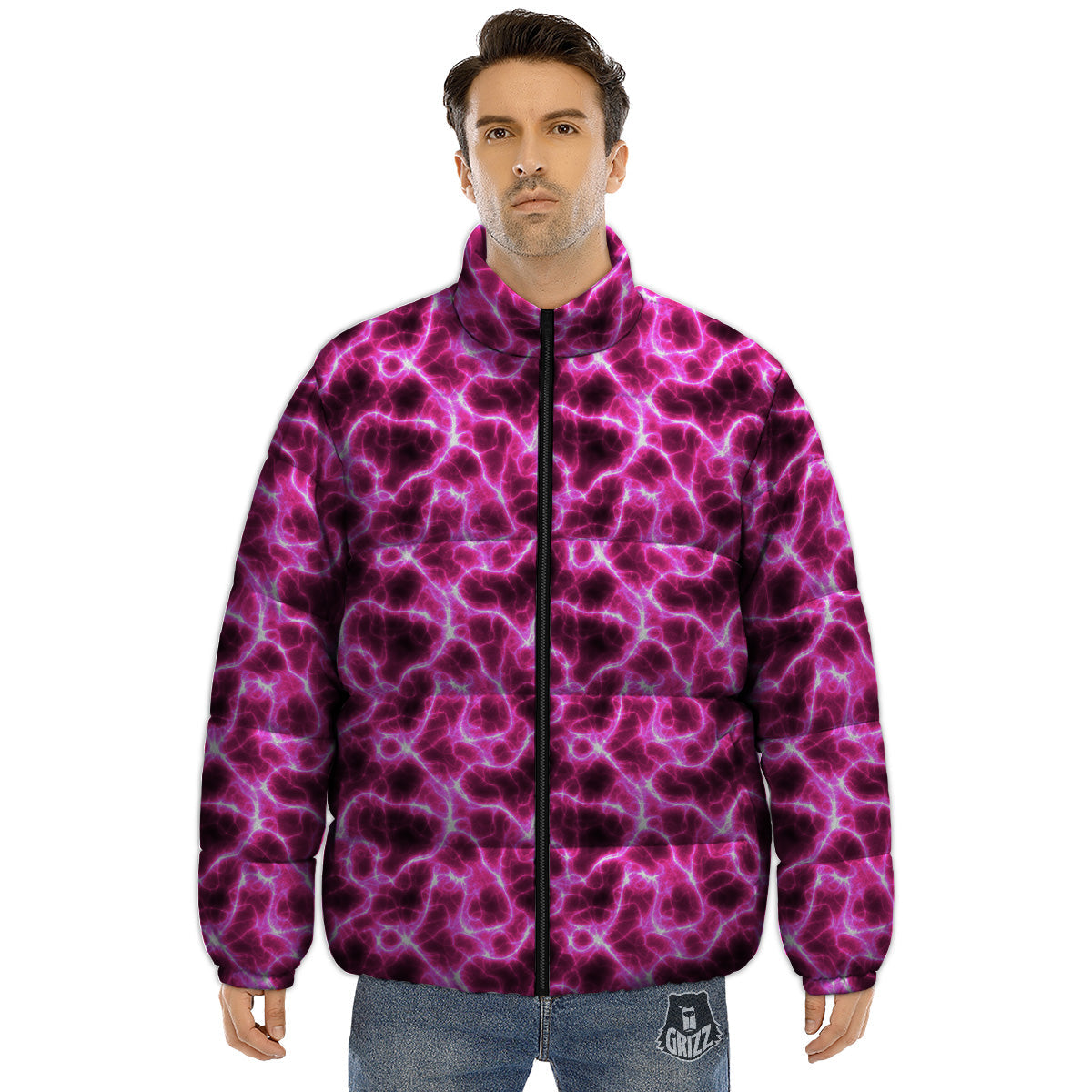 Abstract Pink Electrical Sparks Print Pattern Puffer Jacket-grizzshop
