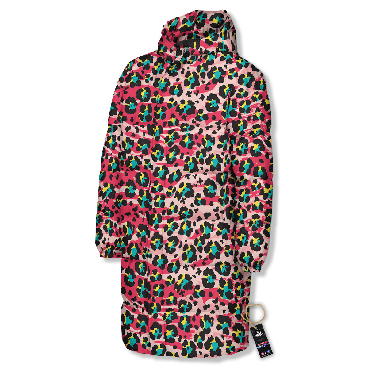 Abstract Pink Leopard Skin Print Pattern Long Down Jacket-grizzshop