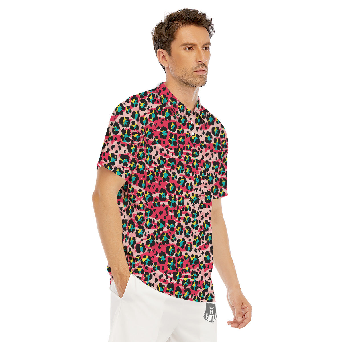 Abstract Pink Leopard Skin Print Pattern Men's Golf Shirts-grizzshop