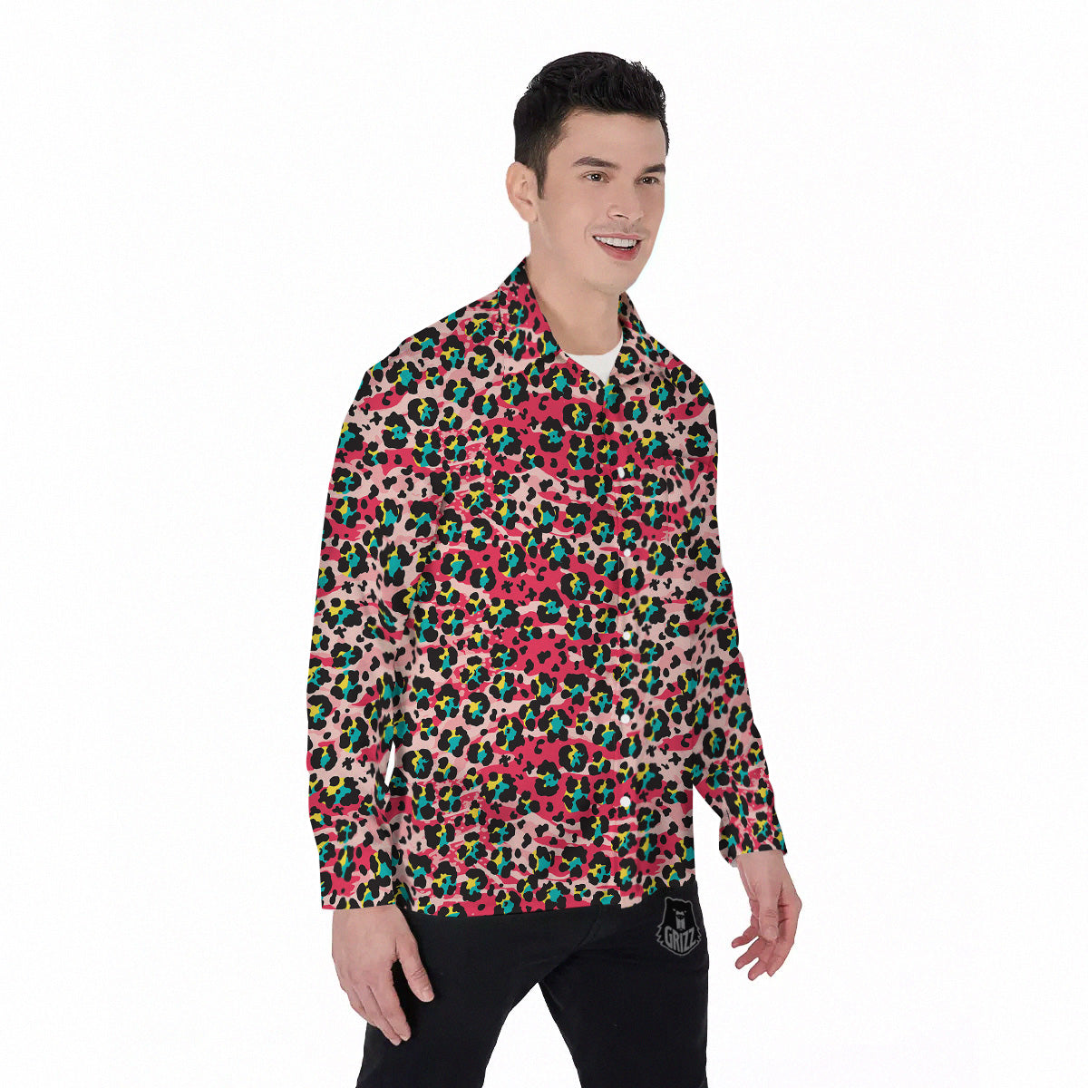 Abstract Pink Leopard Skin Print Pattern Men's Long Sleeve Shirts-grizzshop
