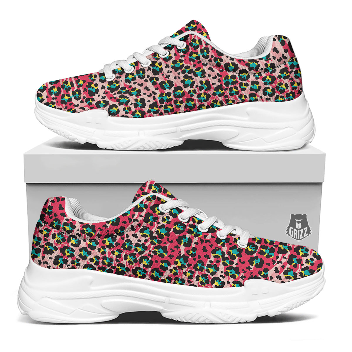 Abstract Pink Leopard Skin Print Pattern White Chunky Shoes-grizzshop