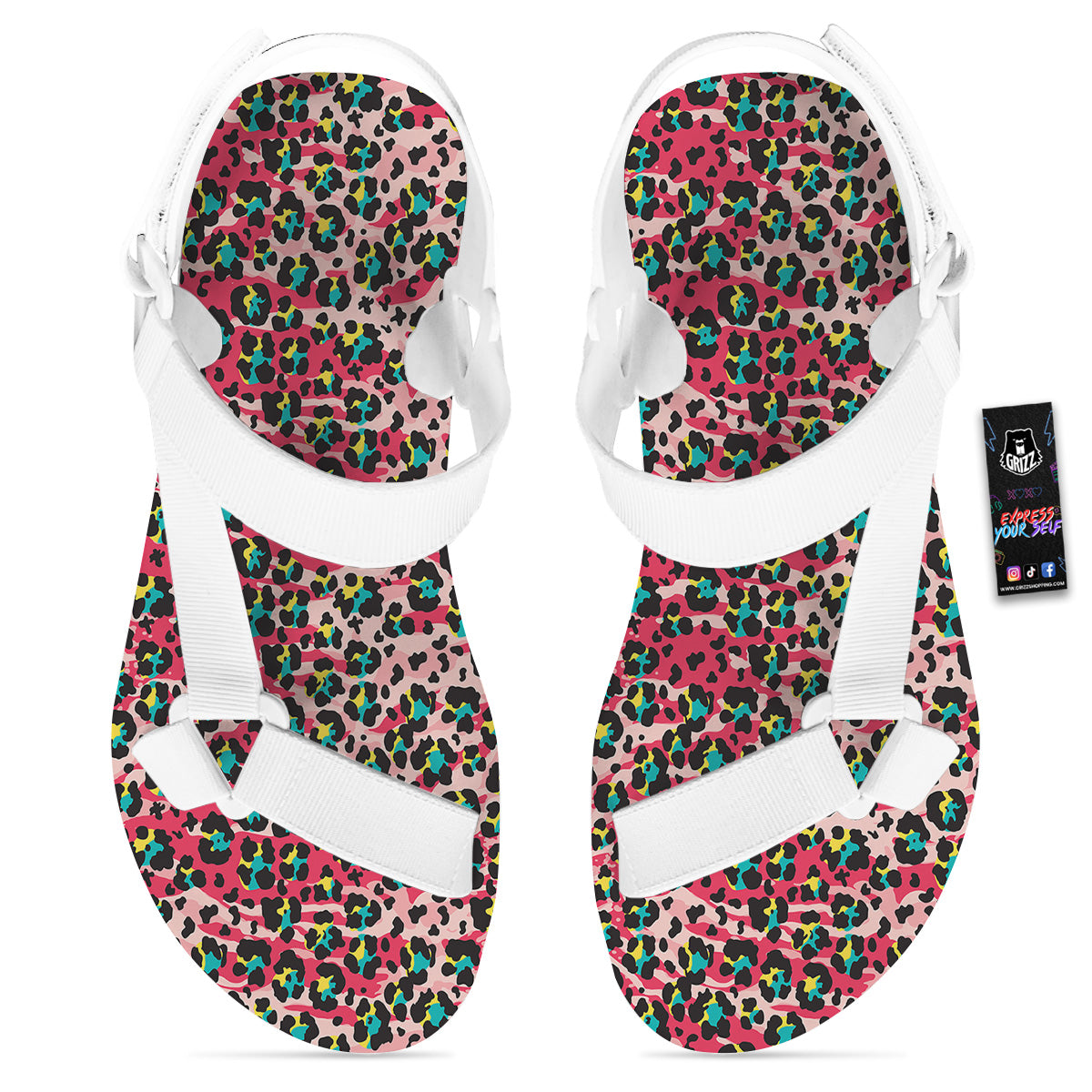 Abstract Pink Leopard Skin Print Pattern White Open Toe Sandals-grizzshop