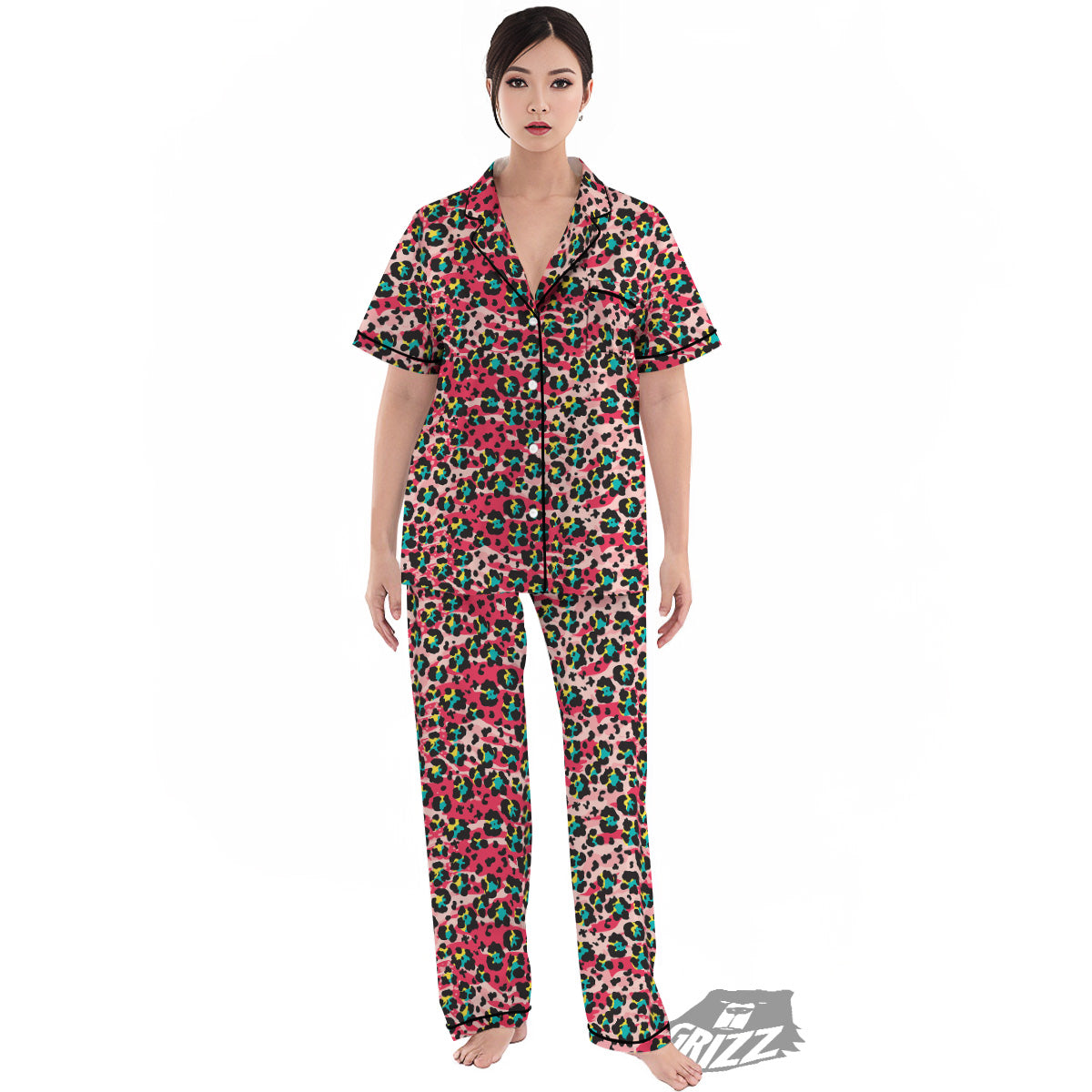 Abstract Pink Leopard Skin Print Pattern Women's Pajamas Set-grizzshop