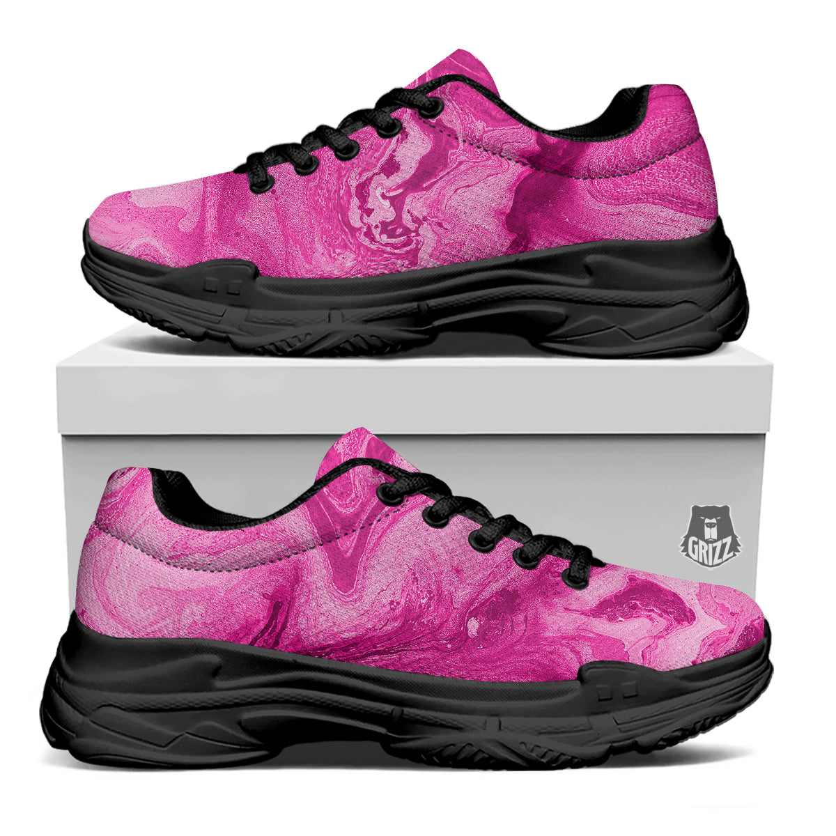 Abstract Pink Marble Print Black Chunky Shoes-grizzshop