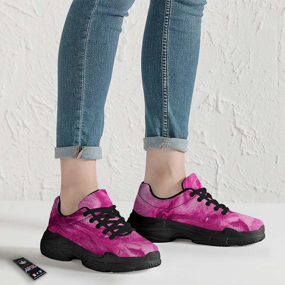 Abstract Pink Marble Print Black Chunky Shoes-grizzshop