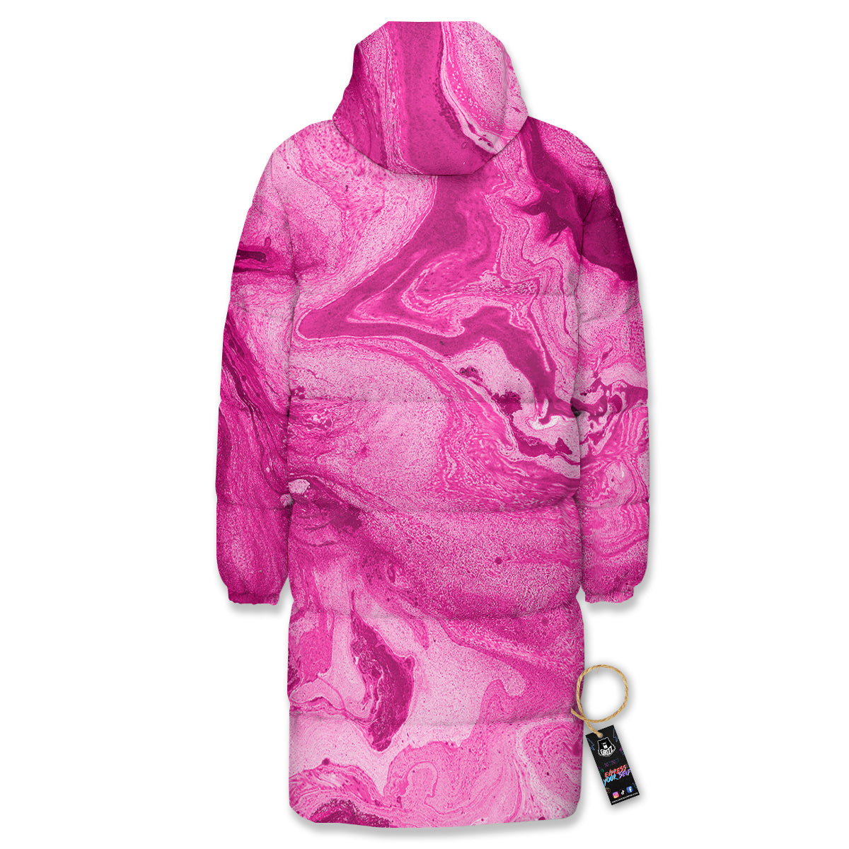 Abstract Pink Marble Print Long Down Jacket-grizzshop