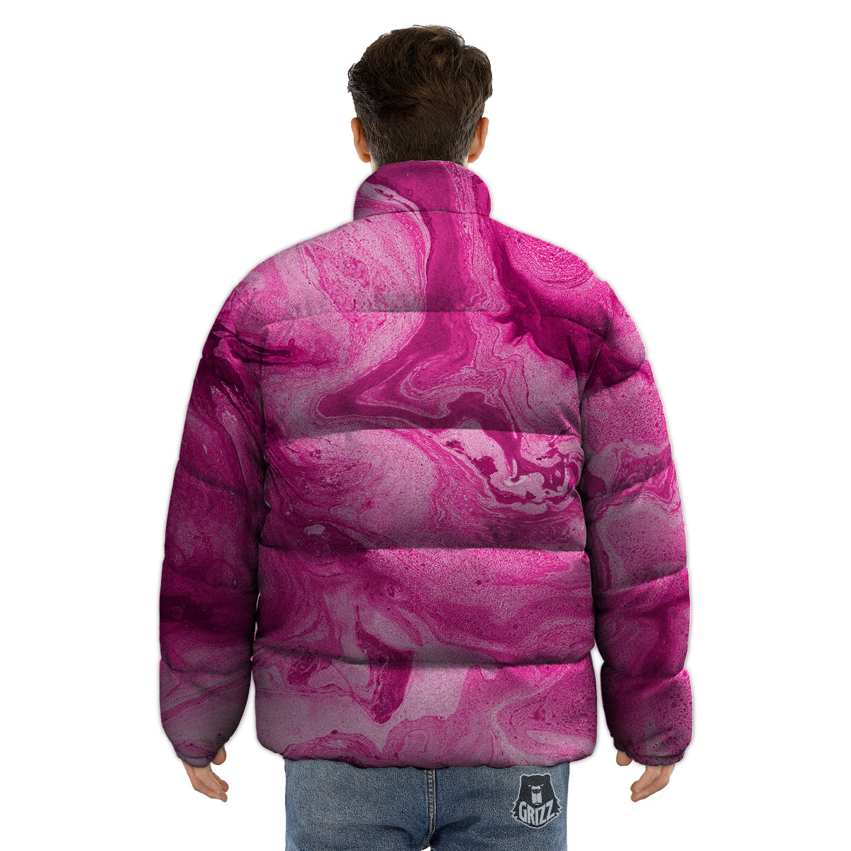 Abstract Pink Marble Print Puffer Jacket-grizzshop