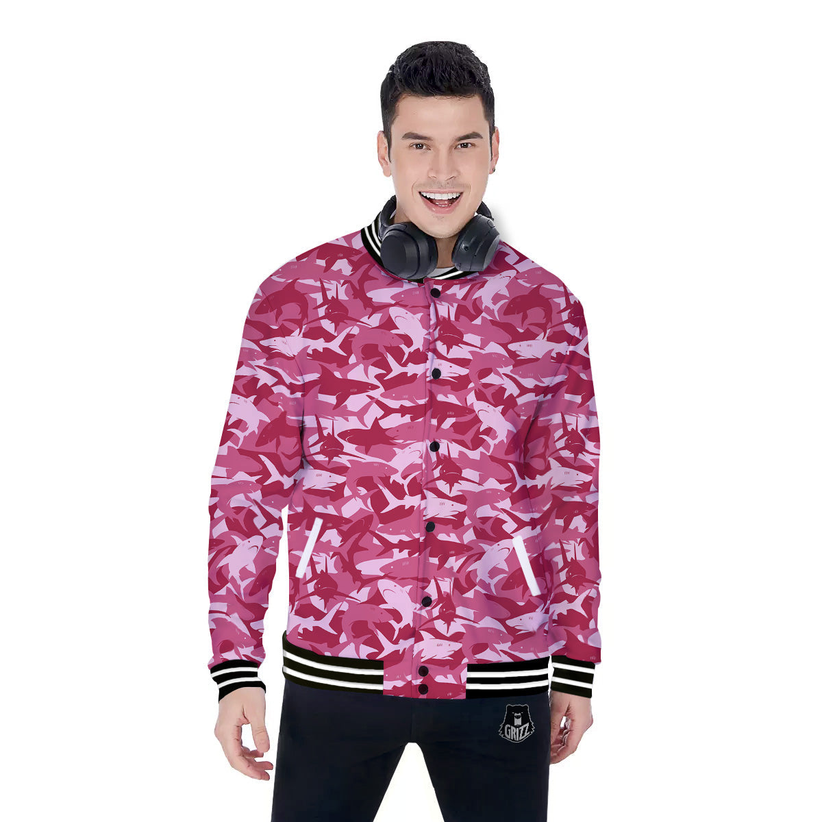 Abstract Pink Shark Camo Print Pattern Baseball Jacket-grizzshop