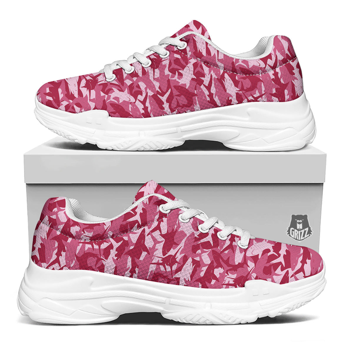 Abstract Pink Shark Camo Print Pattern White Chunky Shoes-grizzshop