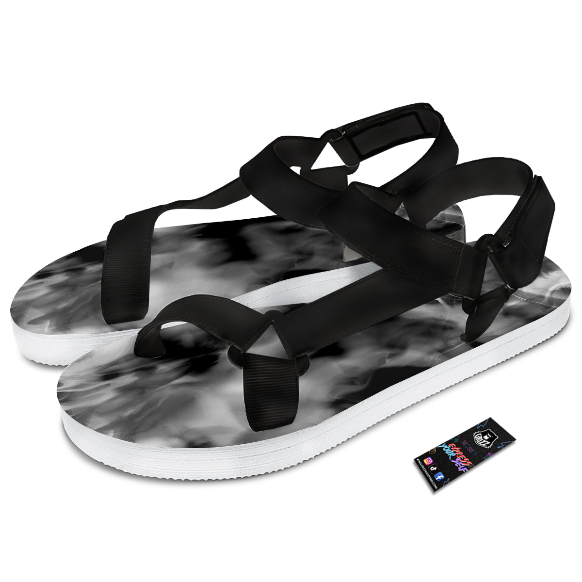 Abstract Psychedelic Liquid Smoke Print Black Open Toe Sandals-grizzshop