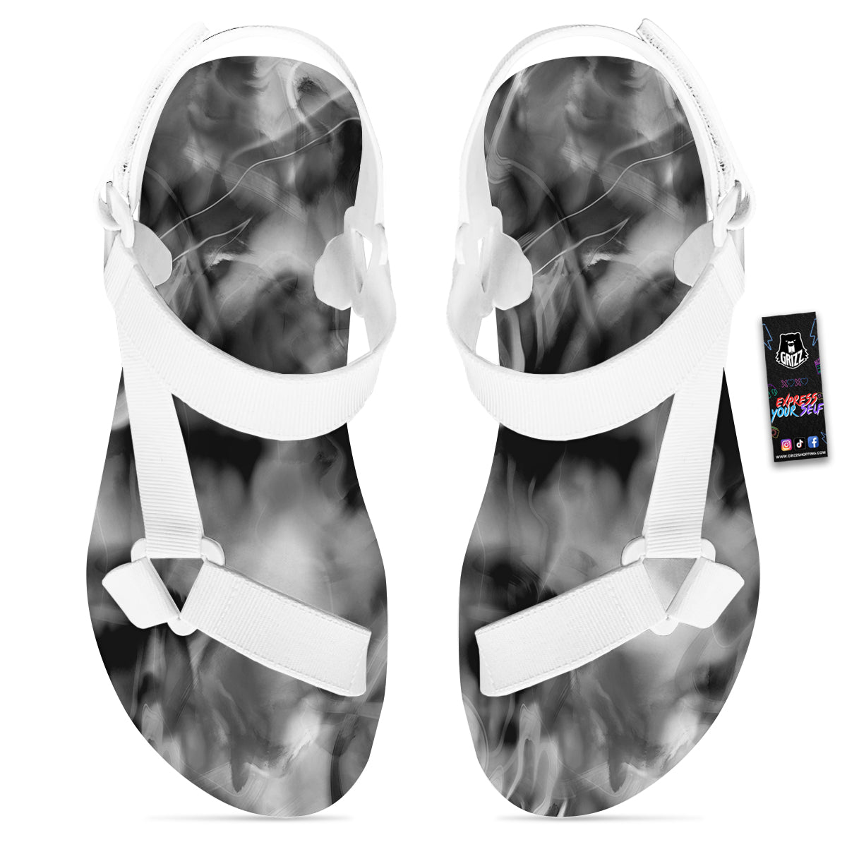 Abstract Psychedelic Liquid Smoke Print White Open Toe Sandals-grizzshop