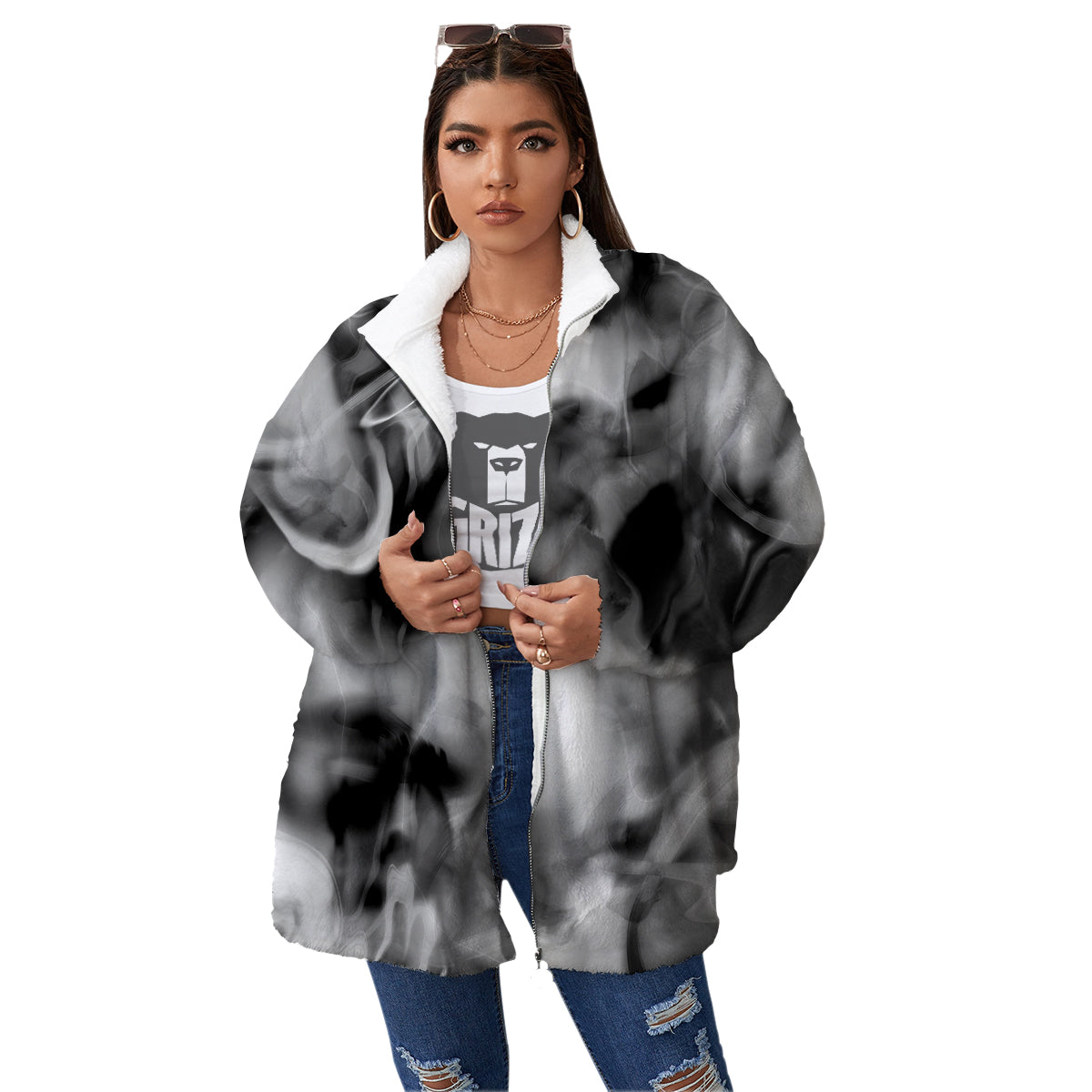 Abstract Psychedelic Liquid Smoke Print Women's Sherpa Jacket-grizzshop