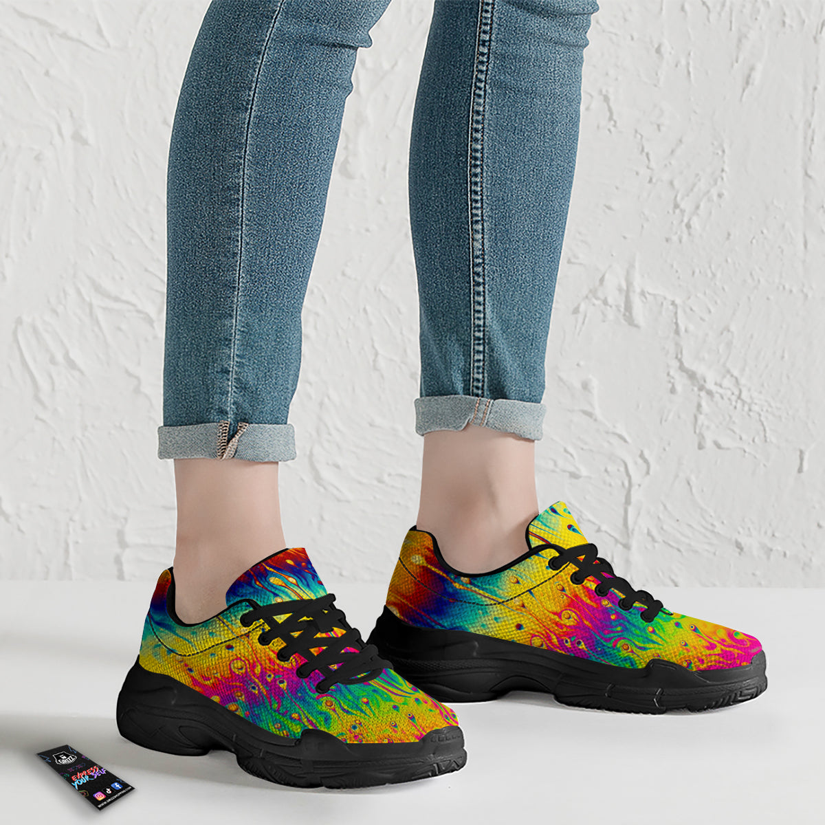 Abstract Psychedelic Rainbow Acid Print Black Chunky Shoes-grizzshop