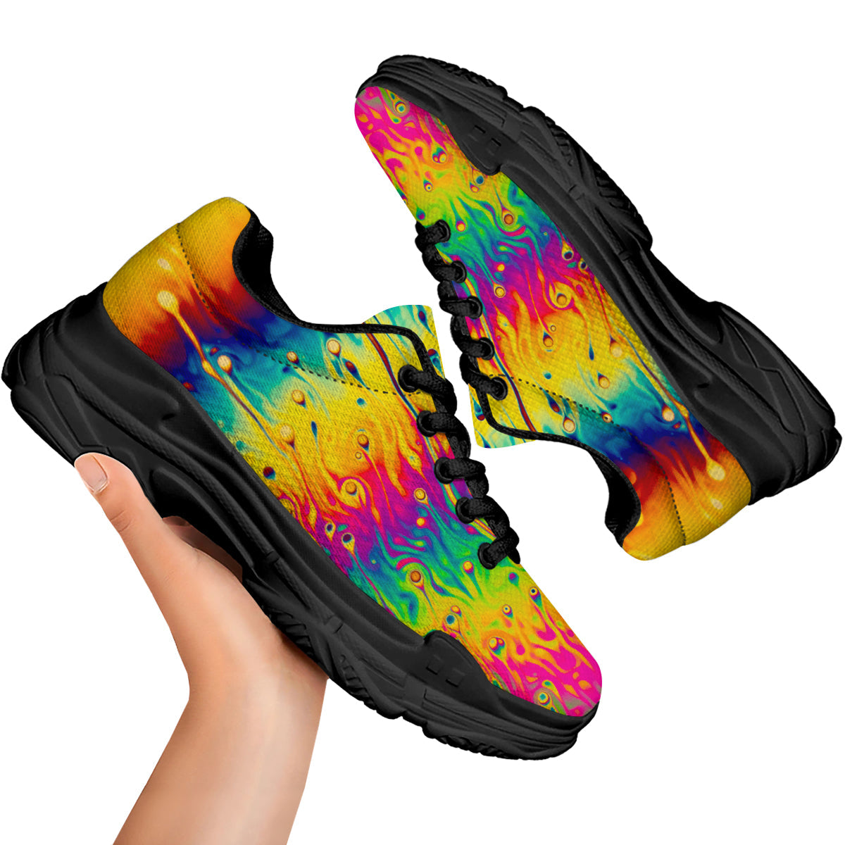 Abstract Psychedelic Rainbow Acid Print Black Chunky Shoes-grizzshop