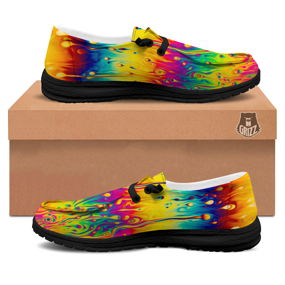 Abstract Psychedelic Rainbow Acid Print Black Loafers-grizzshop