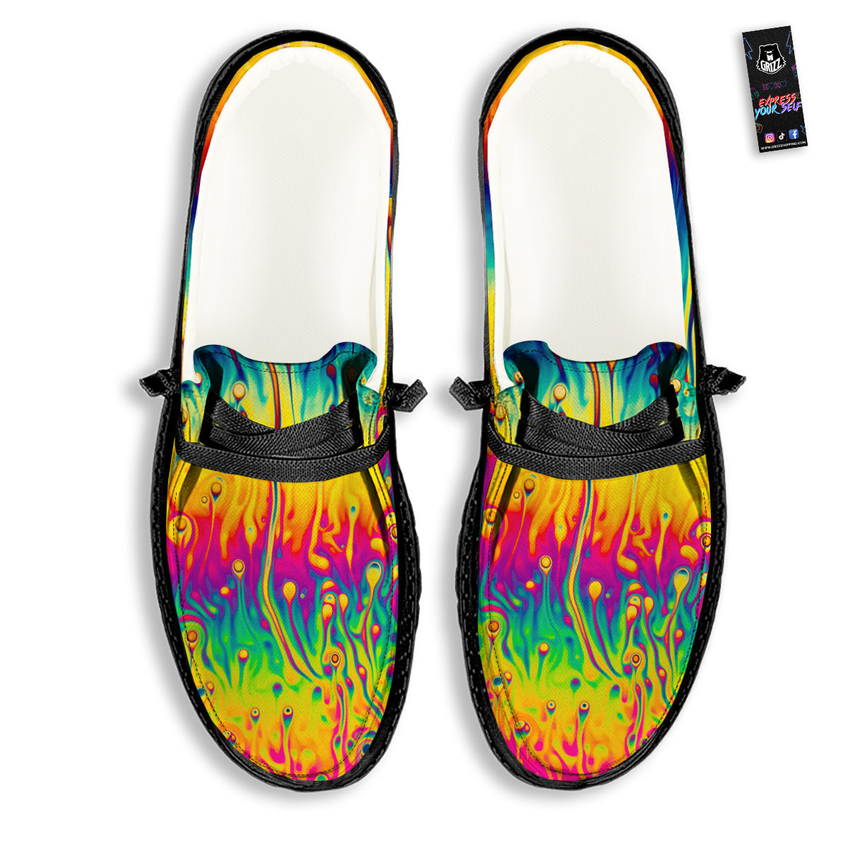 Abstract Psychedelic Rainbow Acid Print Black Loafers-grizzshop