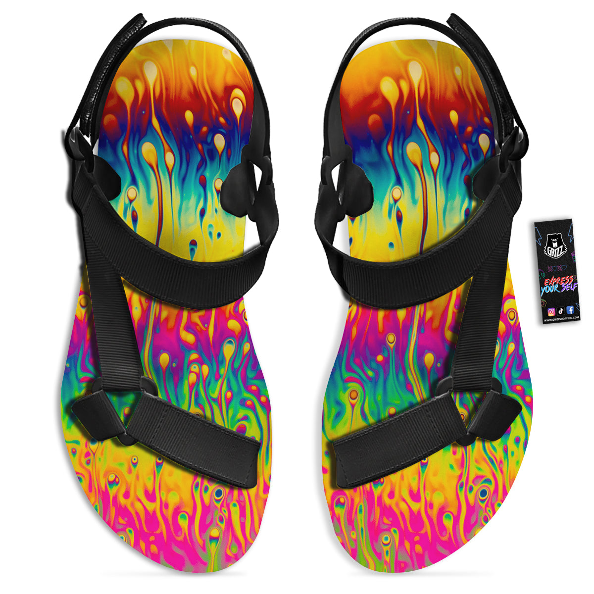 Abstract Psychedelic Rainbow Acid Print Black Open Toe Sandals-grizzshop