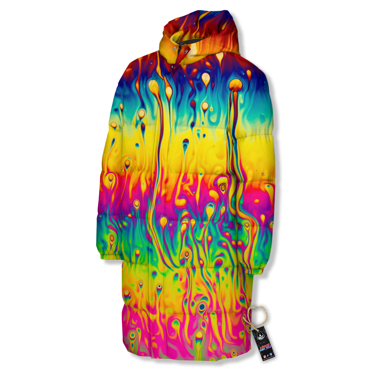 Abstract Psychedelic Rainbow Acid Print Long Down Jacket-grizzshop