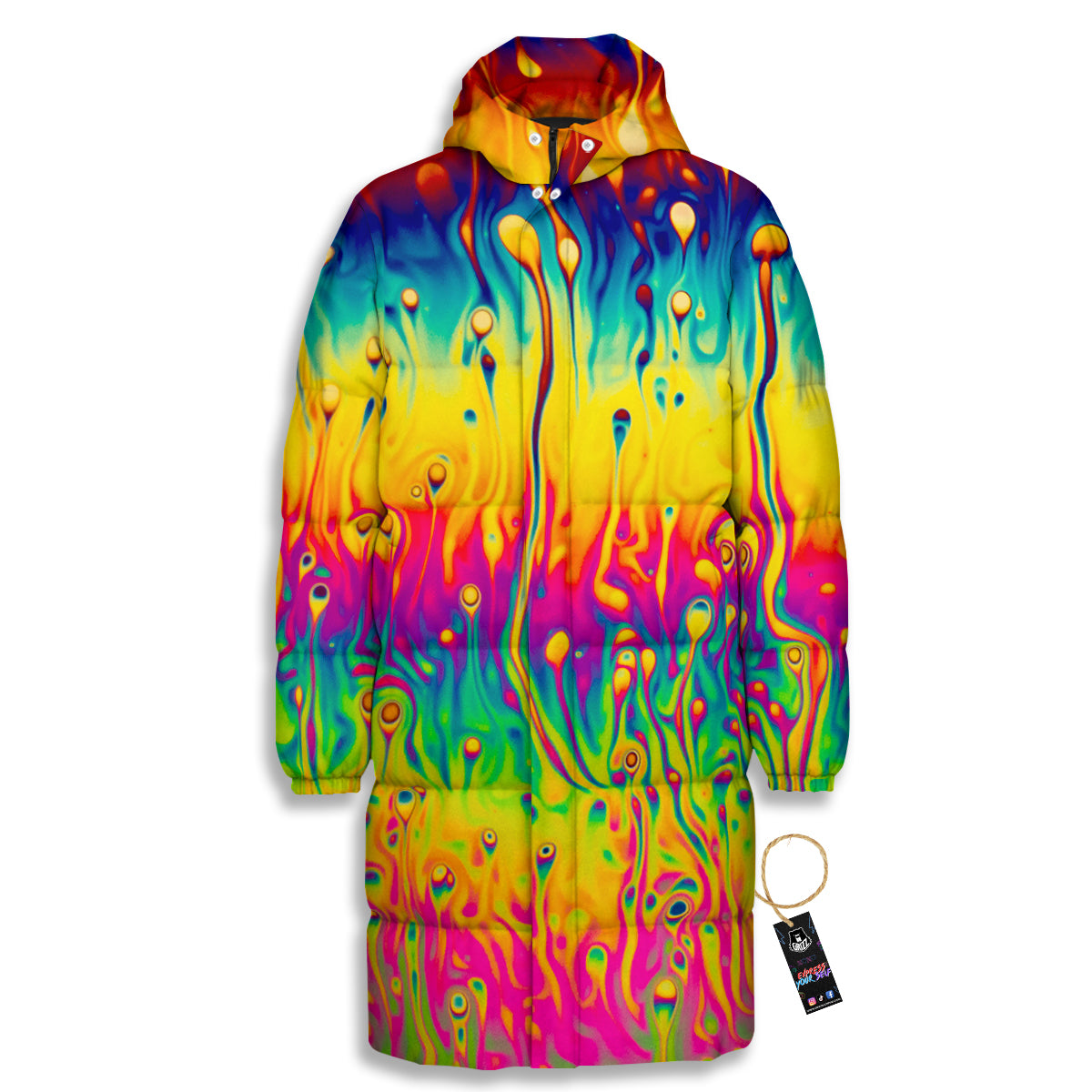 Abstract Psychedelic Rainbow Acid Print Long Down Jacket-grizzshop