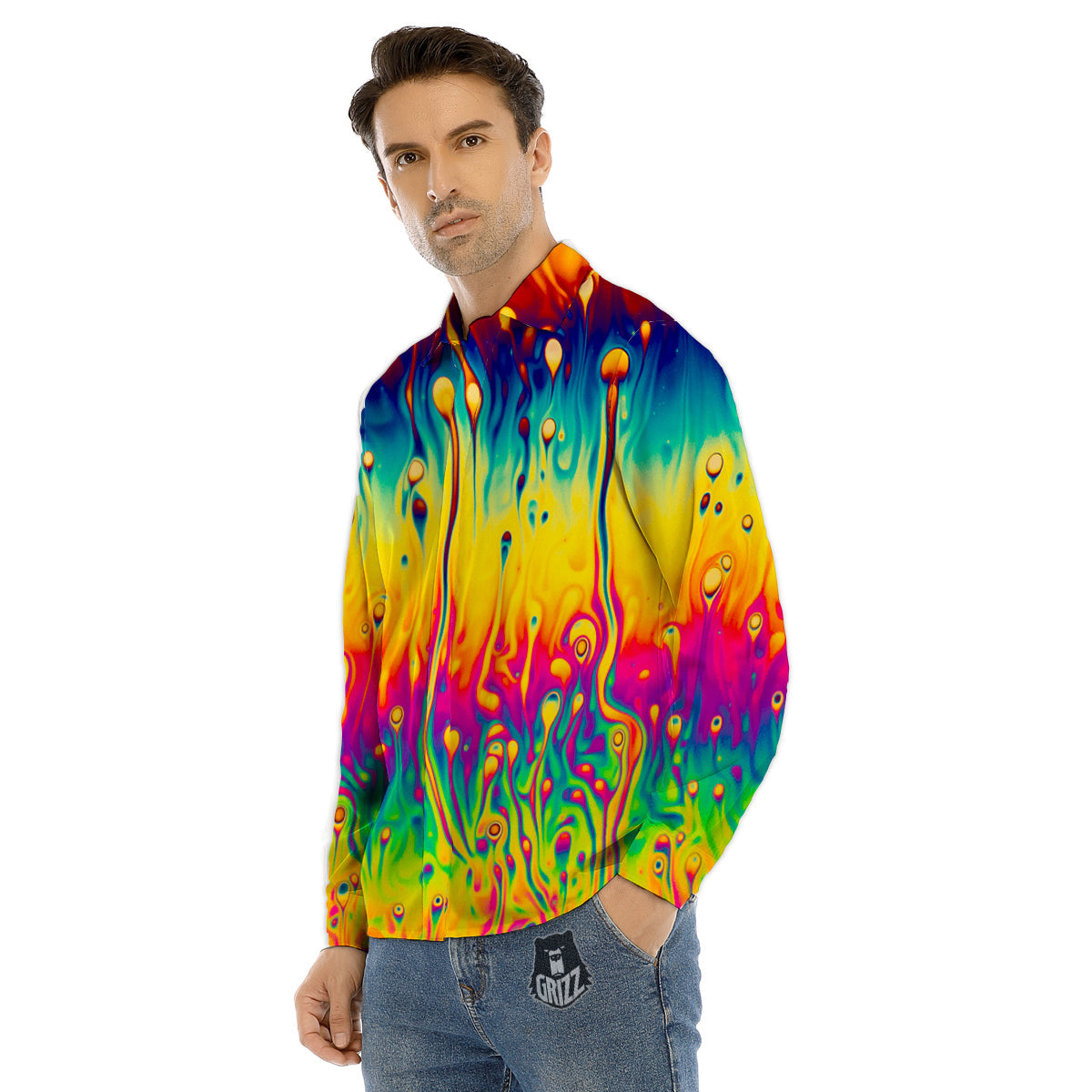 Abstract Psychedelic Rainbow Acid Print Men's Dress Shirts-grizzshop