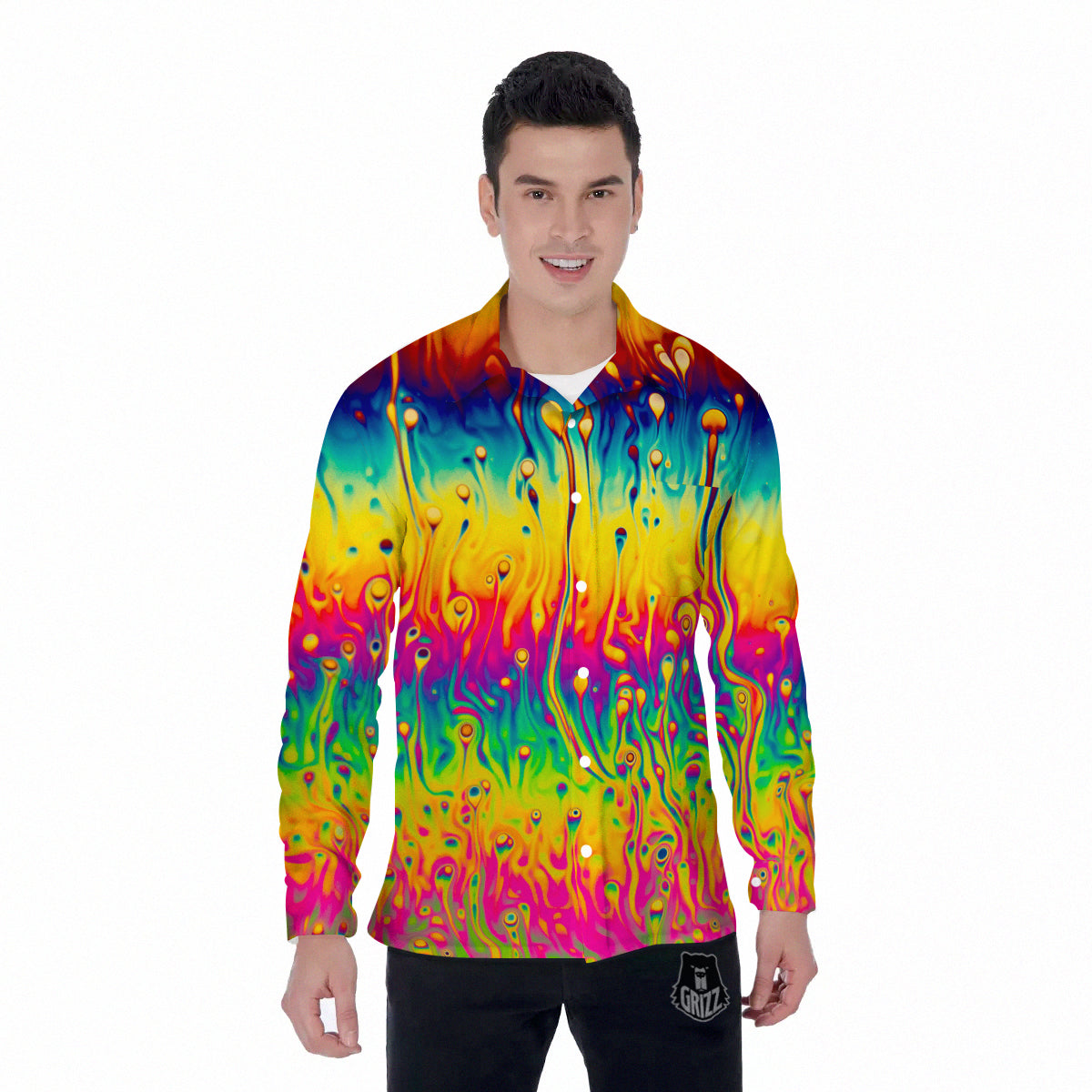 Abstract Psychedelic Rainbow Acid Print Men's Long Sleeve Shirts-grizzshop