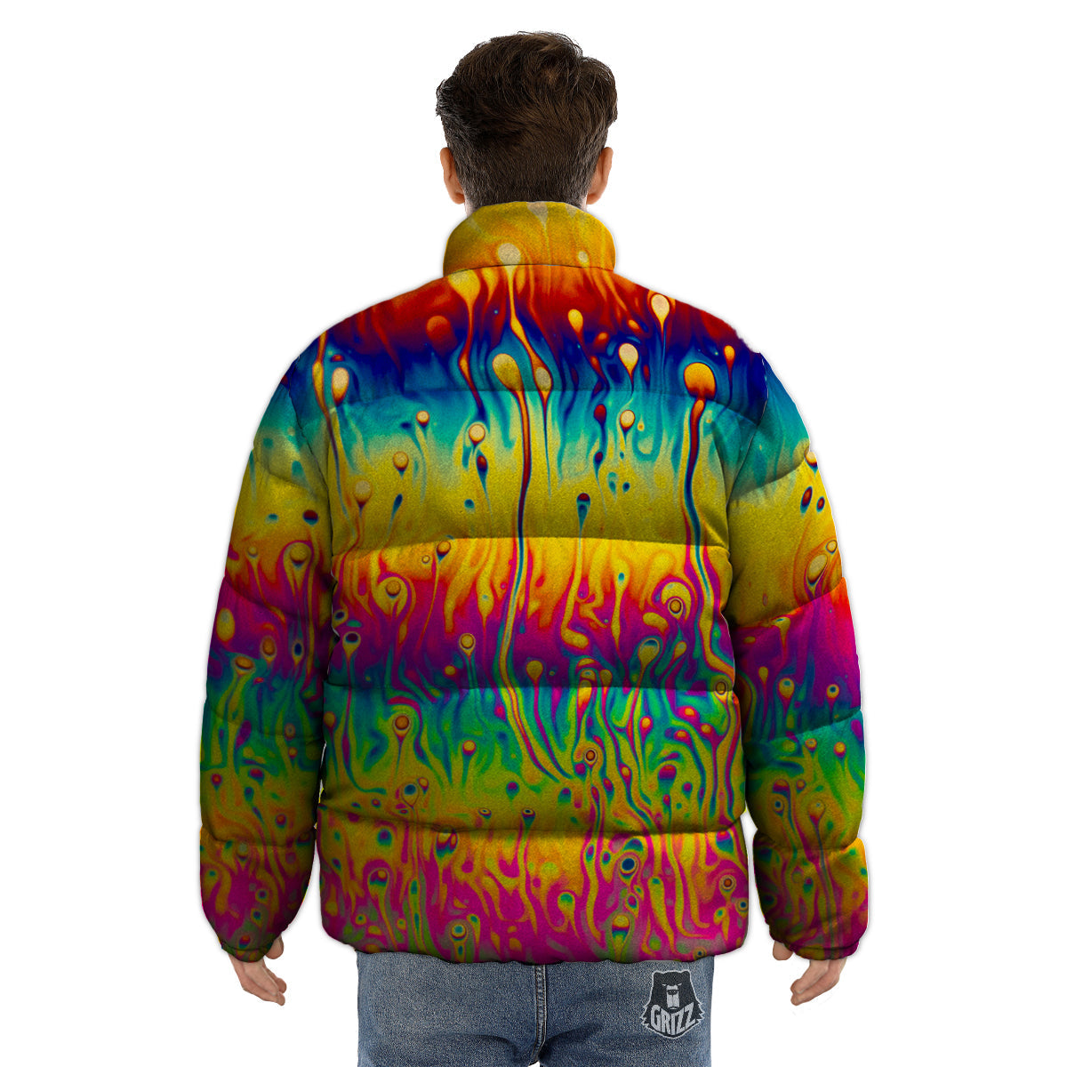Abstract Psychedelic Rainbow Acid Print Puffer Jacket-grizzshop